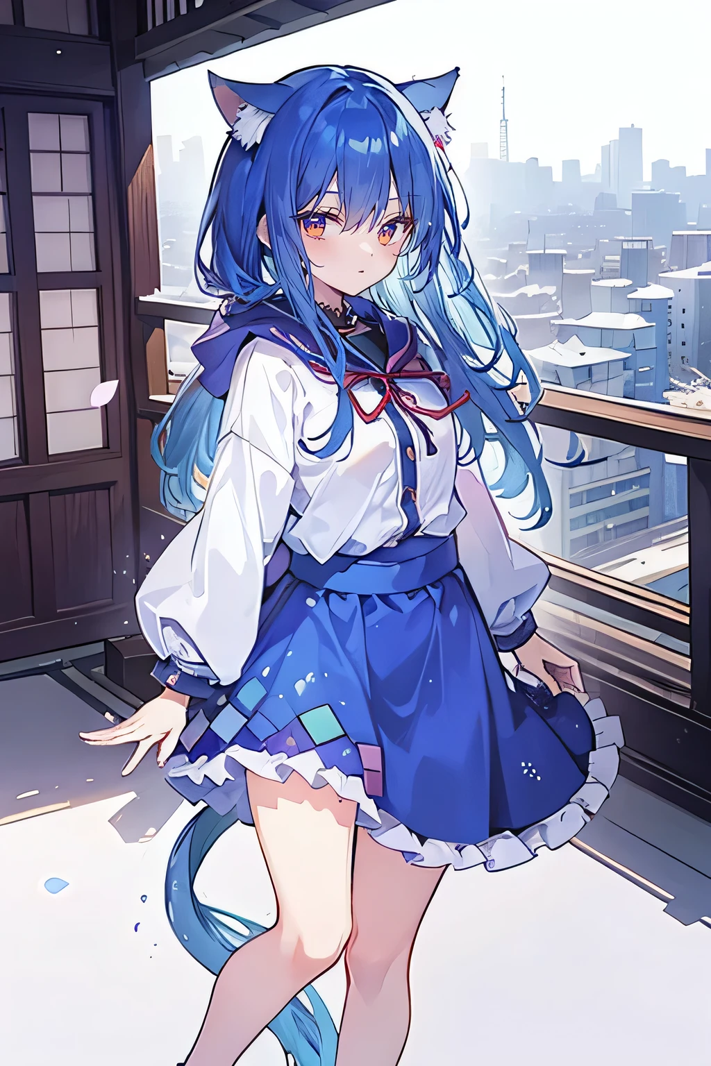 （masterpiece：1.2），Super detailed，lifelike，Expressive eyes，fair skin，perfect face shape，1 girl，
Japanese comics,Gorgeous blue hair,flowing blue hair,flowing clothes,Cat ears,Petals fall,beautiful lola,Baby Angel,
Shaking head with one hand，Cross your legs，Gentle and peaceful background，The pavilion is cool and comfortable,smile, wearing hoodie, background of tokyo,back views,snowing, winter.