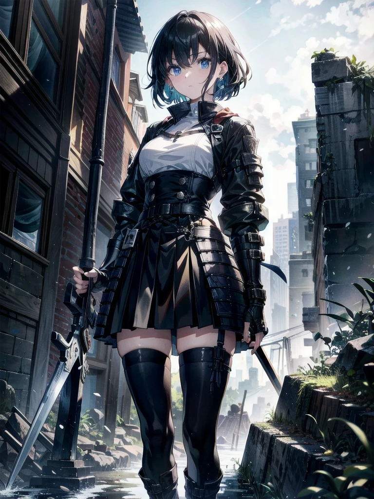 whole body, long blue great sword, Ruins, tech boots, black jacket, samurai, absurdres, RAW photo, extremely delicate and beautiful, masterpiece, Best Quality, ultra high resolution, 32k, hyperrealistic, ultra-detailed, detailed description, pale skin, 20 years old, detailed beautiful face and eyes, tearful mole, earring, Colossal tits, short medium hair, wavy hair,