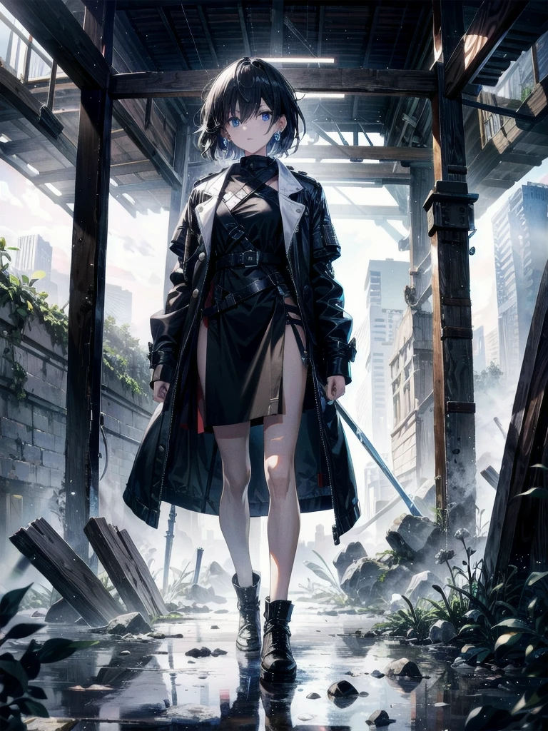 whole body, long blue great sword, Ruins, tech boots, black jacket, samurai, absurdres, RAW photo, extremely delicate and beautiful, masterpiece, Best Quality, ultra high resolution, 32k, hyperrealistic, ultra-detailed, detailed description, pale skin, 20 years old, detailed beautiful face and eyes, tearful mole, earring, Colossal tits, short medium hair, wavy hair,