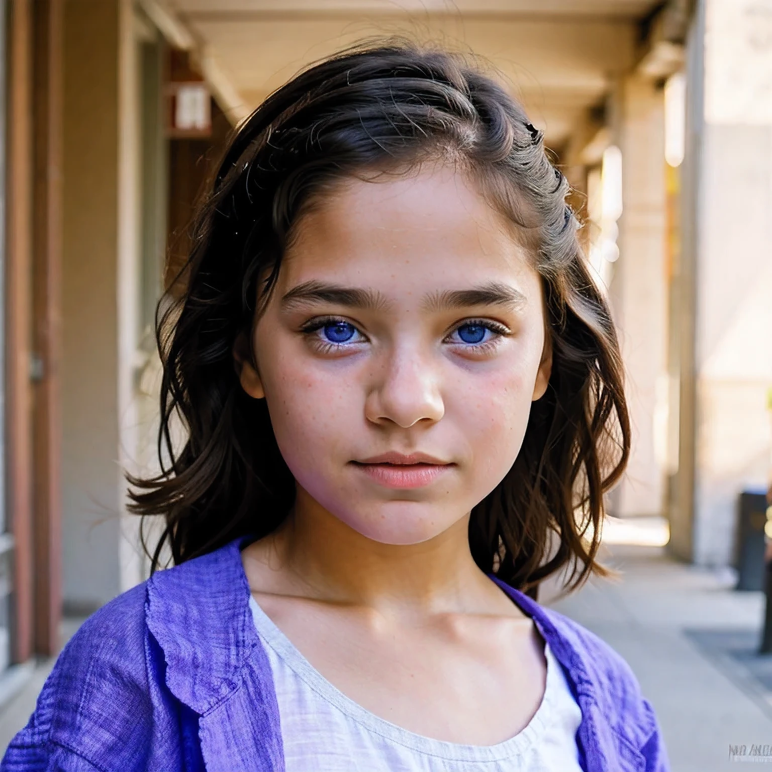 photo of a Columbia student，9 years old, in Purple Pink, Linen coarse cloth, (freckles:0.8) Blush，cute face, scifi, dystopian, detailed eyes, cobalt blue eyes（（Side view））Shy