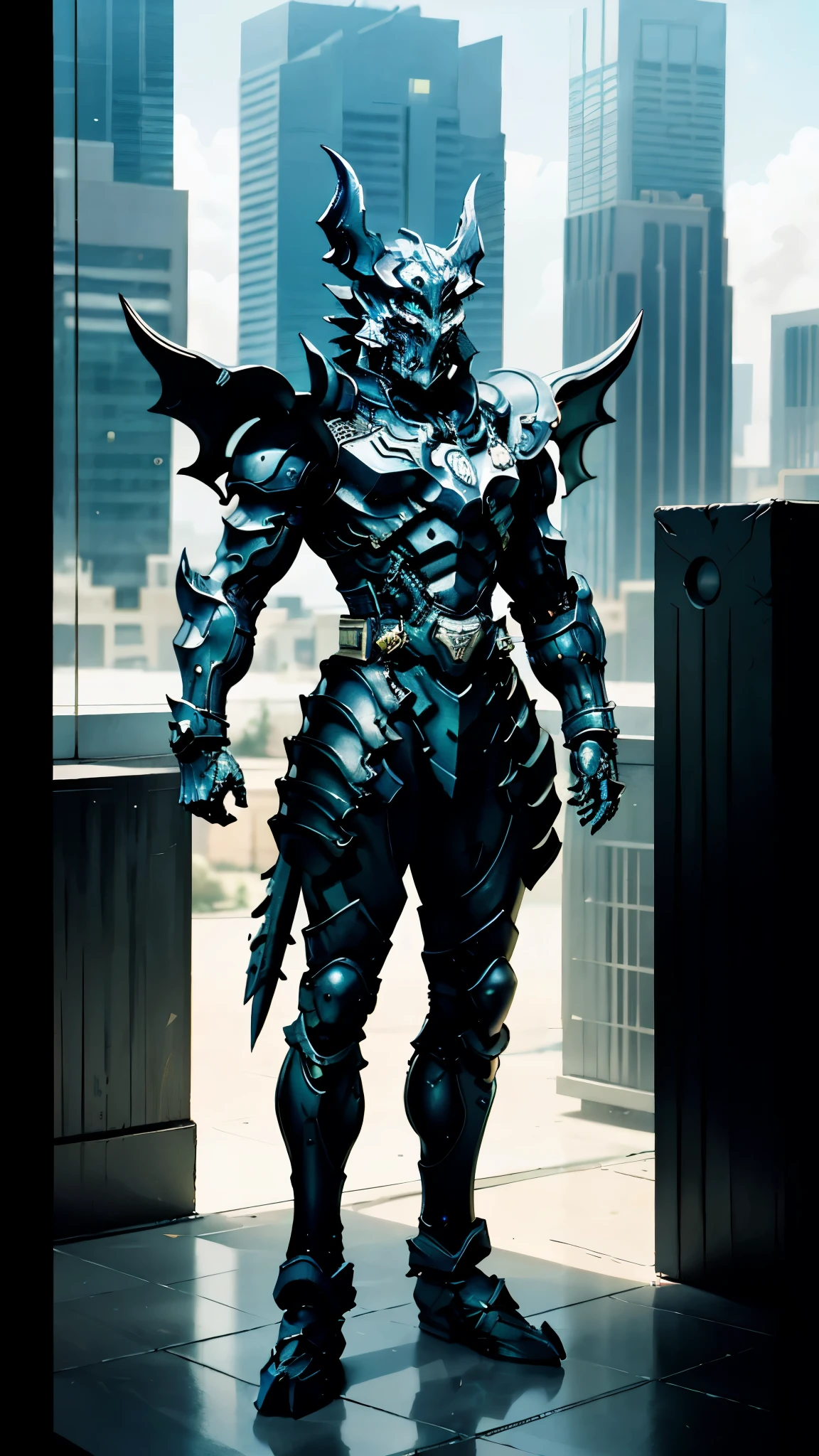 A man wearing a full-face helmet, a fantasy-style biomecha armored combat suit, green eyes, a composite layered chest armor, fully enclosed shoulder guards, matching arm and leg guards, the belt is adorned with dragon claw grasping orbs, primarily black with red accents, the design balances heavy with agility, a high-tech biological armor, concept inspired by dragons,stand on the top of a skyscraper in a futuristic sci-fi city, this character embodies a finely crafted fantasy-surreal style armored hero in anime style, exquisite and mature manga art style, ((male:1.5, element, plasma, energy)), metallic, real texture material, dramatic, high definition, best quality, highres, ultra-detailed, ultra-fine painting, extremely delicate, professional, perfect body proportions, golden ratio, anatomically correct, symmetrical face, extremely detailed eyes and face, high quality eyes, creativity, RAW photo, UHD, 32k, Natural light, cinematic lighting, masterpiece-anatomy-perfect, masterpiece:1.5