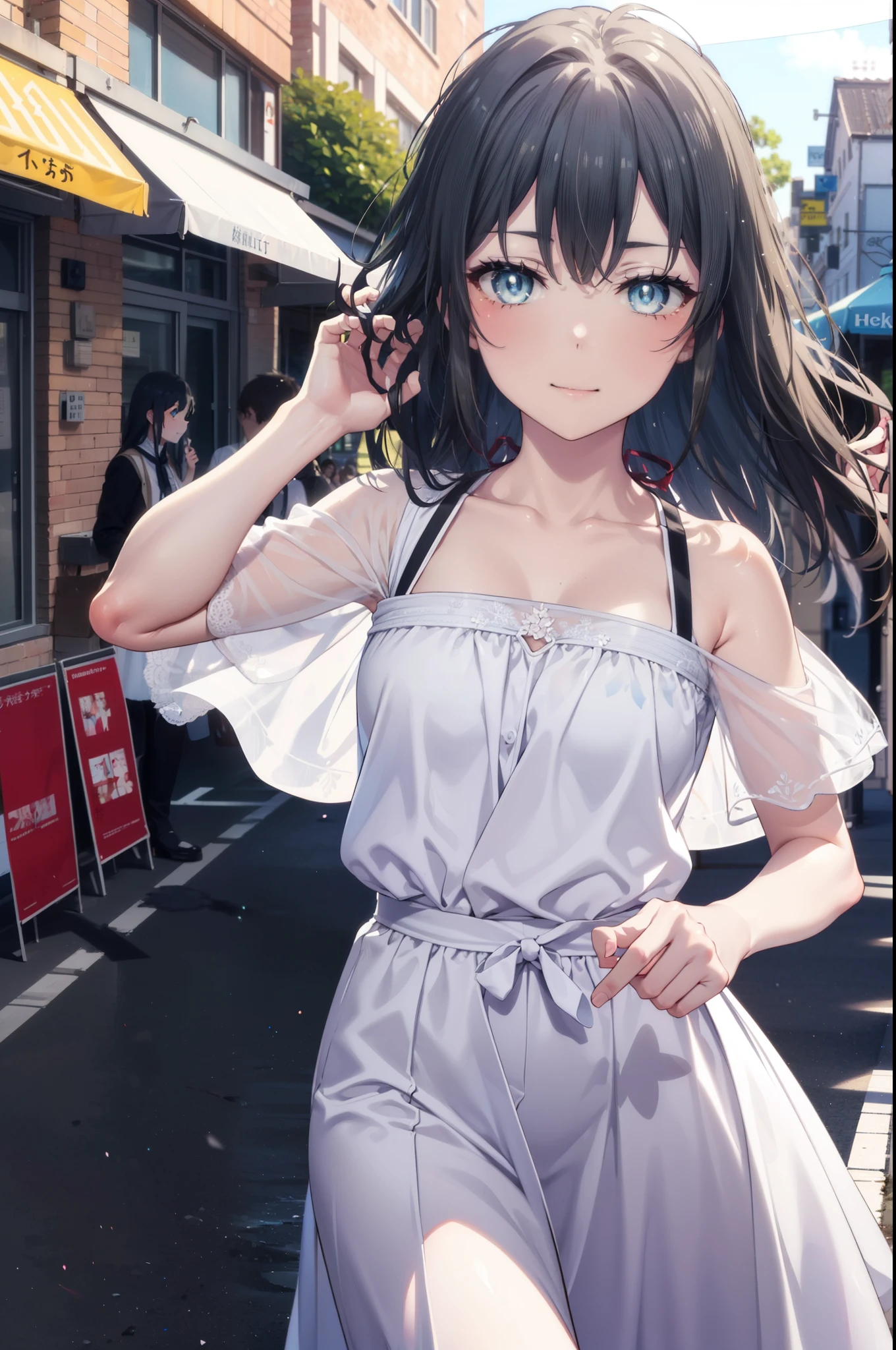 yukinoyukinoshita, Yukino yukinoshita, Black Hair, blue eyes, Long Hair,smile, Small breasts,happy smile, smile, Close your mouth,
, Sleeveless white dress,White long skirt,Cute Sandals,walking,Real Summer,Daytime,sunny,whole bodyがイラストの中に入っていくように,
break outdoors ,city,Building district,　　　　　　　　　　　　　　　break looking at viewer, whole body,
break (masterpiece:1.2), highest quality, High resolution, unity 8k wallpaper, (shape:0.8), (Beautiful and beautiful eyes:1.6), Highly detailed face, Perfect lighting, Extremely detailed CG, (Perfect hands, Perfect Anatomy),