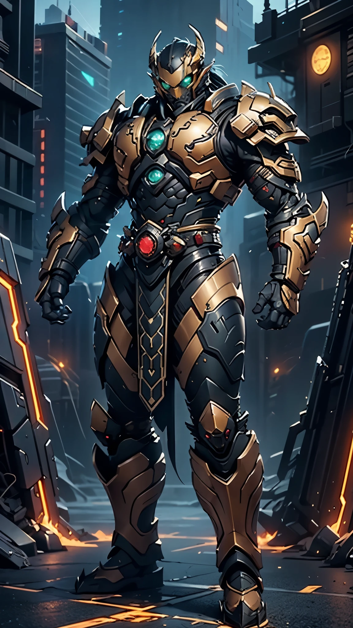 A man wearing a full-face helmet, a fantasy-style biomecha armored combat suit, green eyes, a composite layered chest armor, fully enclosed shoulder guards, matching arm and leg guards, the belt is adorned with dragon claw grasping orbs, primarily black with red accents, the design balances heavy with agility, a high-tech biological armor, (concept inspired by dragons, stand on the top of a skyscraper in a futuristic sci-fi city), this character embodies a finely crafted fantasy-surreal style armored hero in anime style, exquisite and mature manga art style, ((male:1.5, element, plasma, energy, the armor glows)), metallic, real texture material, dramatic, high definition, best quality, highres, ultra-detailed, ultra-fine painting, extremely delicate, professional, perfect body proportions, golden ratio, anatomically correct, symmetrical face, extremely detailed eyes and face, high quality eyes, creativity, RAW photo, UHD, 32k, Natural light, cinematic lighting, masterpiece-anatomy-perfect, masterpiece:1.5