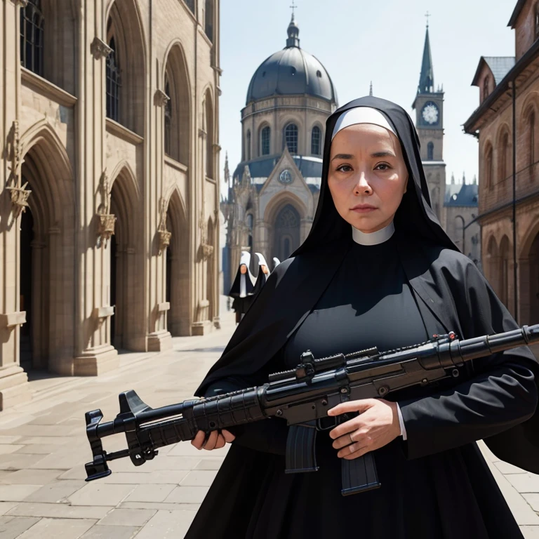 nuns with guns, a beautiful nun holding a large machine gun, a cathedral in the background, beautiful outdoor scene, ethereal fantasy, die brücke, surrealist: dreamlike imagery, (Masterpiece:1.3), (best quality:1.3),