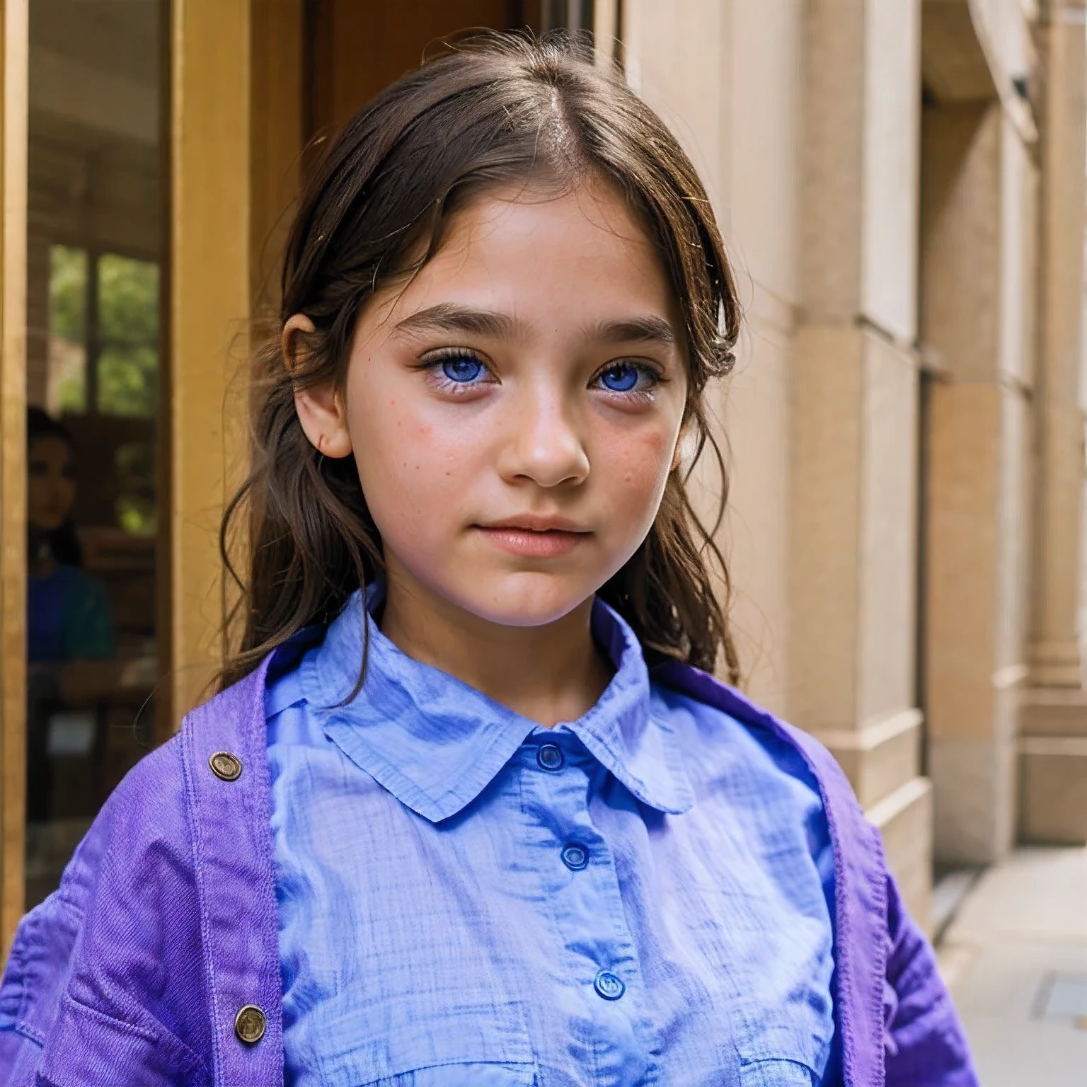 photo of a Columbia student，9 , in Purple Pink, Linen coarse cloth, (freckles:0.8) Blush，cute face, scifi, dystopian, detailed eyes, cobalt blue eyes（（Side view））Shy