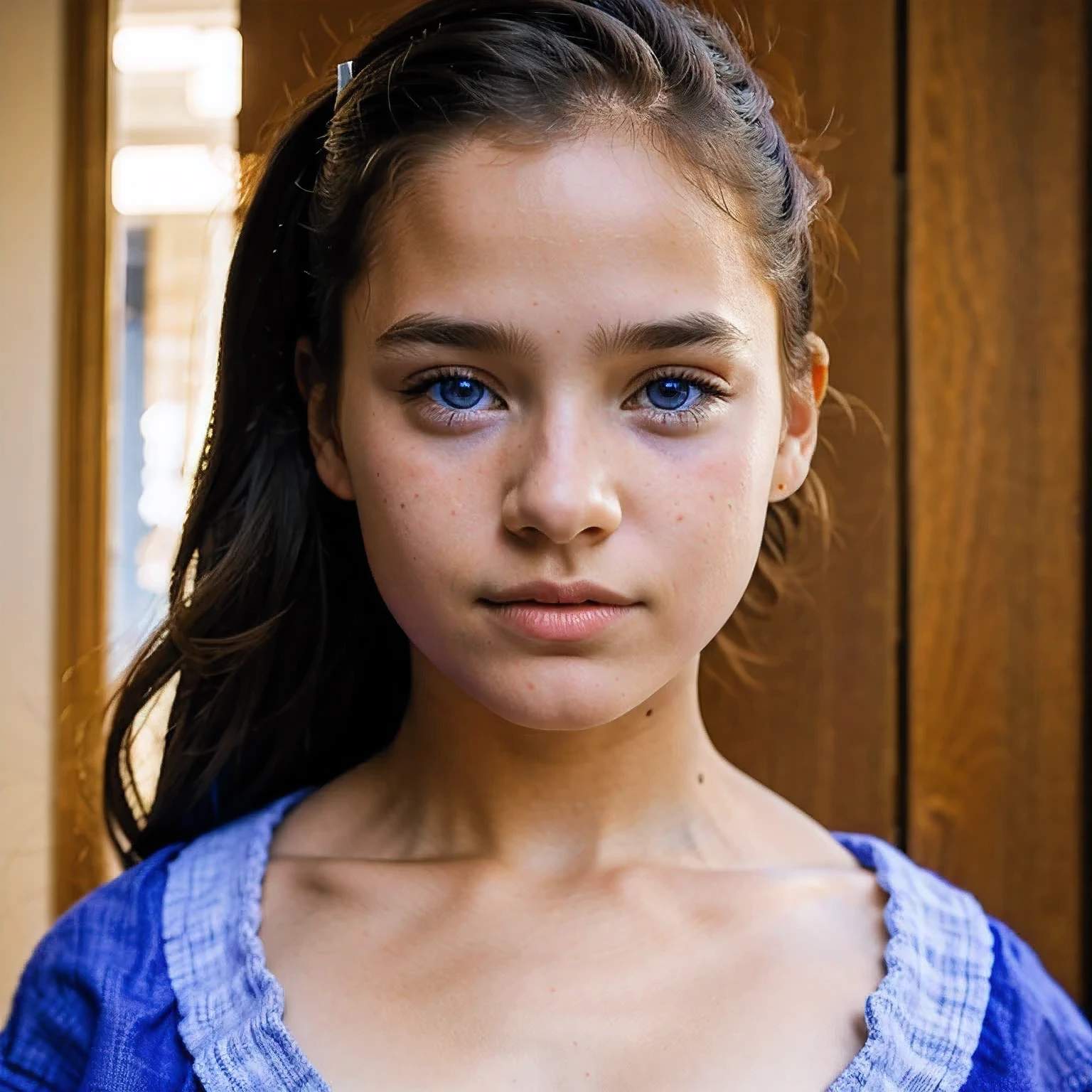 photo of a Columbia student，9 years old, in Purple Pink, Linen coarse cloth, (freckles:0.8) Blush，cute face, scifi, dystopian, detailed eyes, cobalt blue eyes（（Side view））Shy