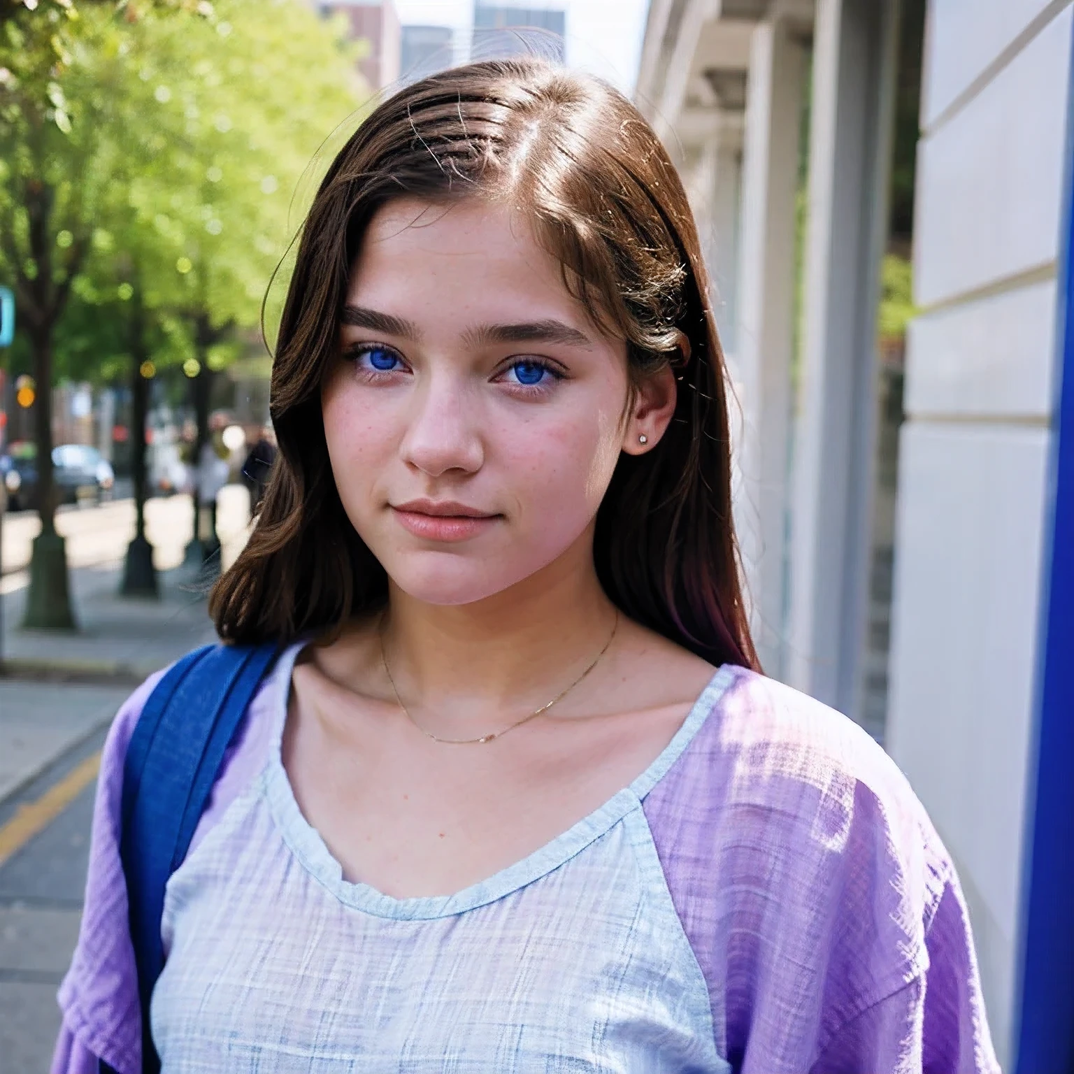 photo of a Columbia student，************, in Purple Pink, Linen coarse cloth, (freckles:0.8) Blush，cute face, scifi, dystopian, detailed eyes, cobalt blue eyes（（Side view））Shy