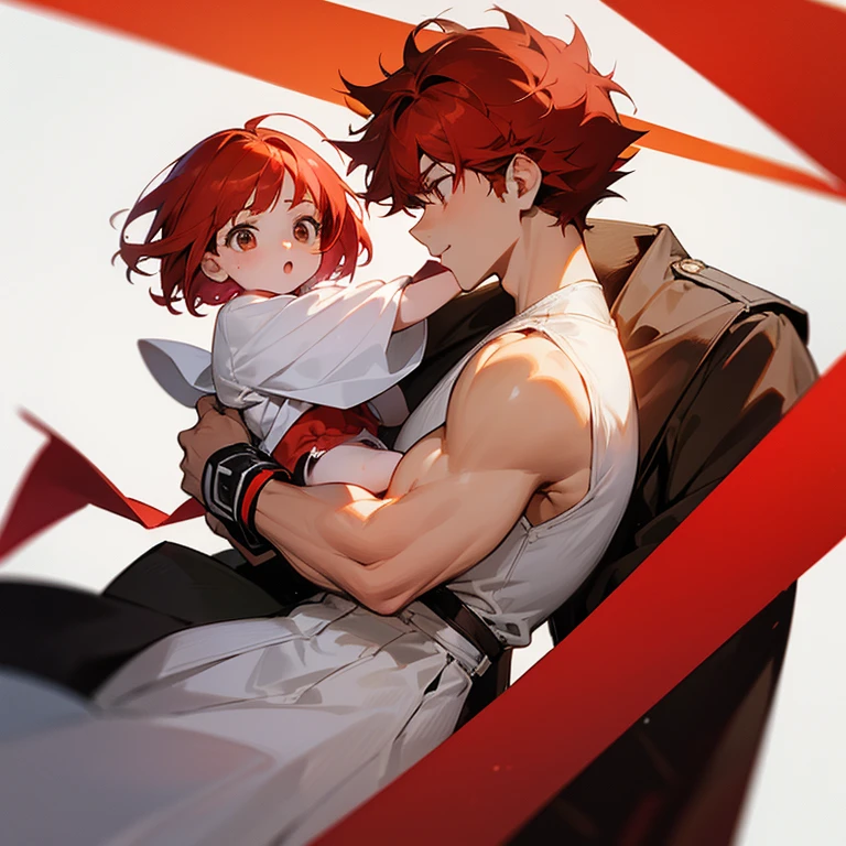 Make a 24-year-old red-haired father with brown eyes thin and white with one with stylish clothes together with his 5-year-old red-haired daughter with short hair and children&#39;s and feminine clothes and white eyes in a garden setting Make them both in the same image