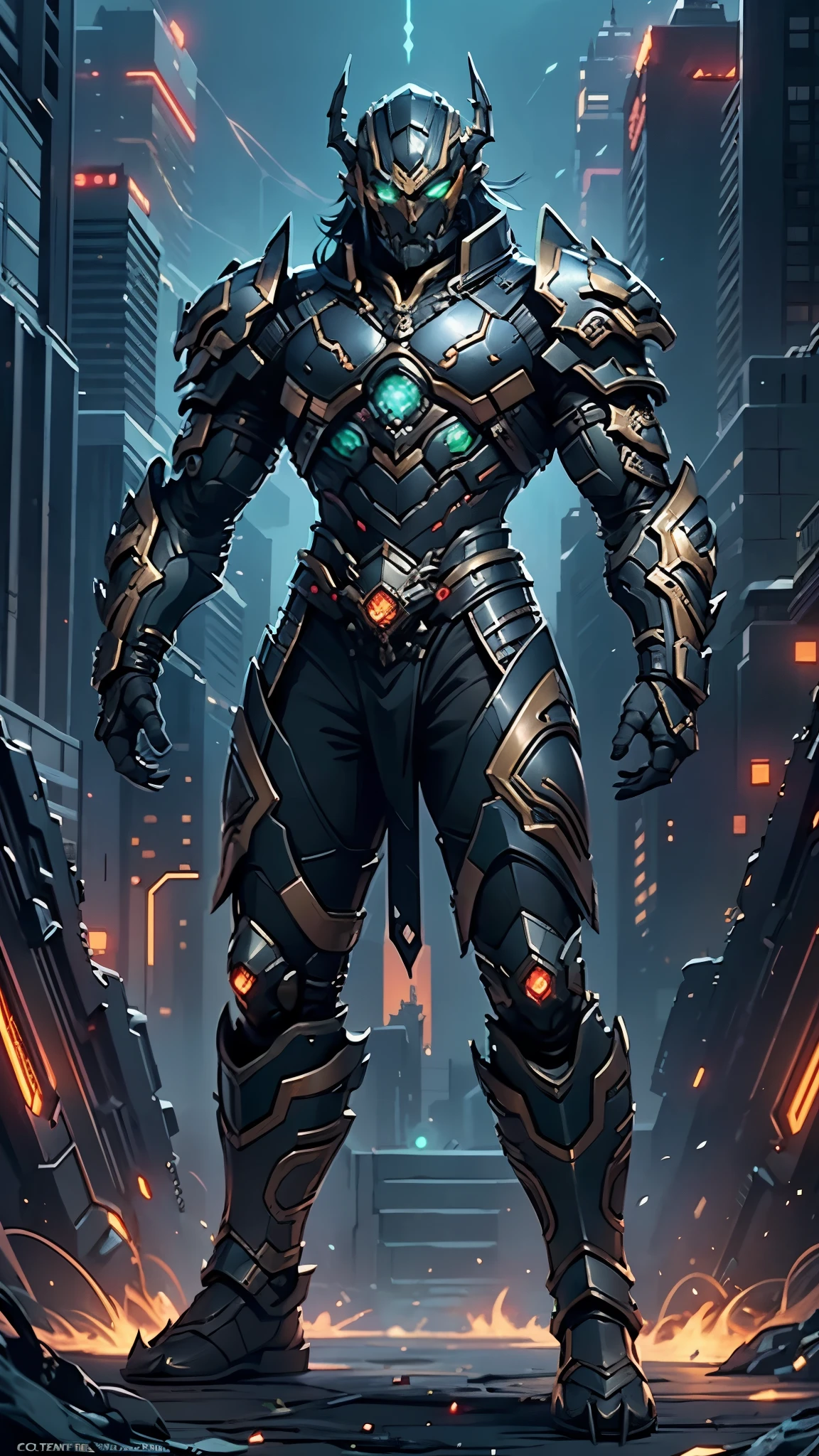 A man wearing a full-face helmet, a fantasy-style biomecha armored combat suit, green eyes, a composite layered chest armor, fully enclosed shoulder guards, matching arm and leg guards, the belt is adorned with dragon claw grasping orbs, primarily black with red accents, the design balances heavy with agility, a high-tech biological armor, (concept inspired by dragons, stand on the top of a skyscraper in a futuristic sci-fi city), this character embodies a finely crafted fantasy-surreal style armored hero in anime style, exquisite and mature manga art style, ((male:1.5, element, plasma, energy, the armor glows)), metallic, real texture material, dramatic, high definition, best quality, highres, ultra-detailed, ultra-fine painting, extremely delicate, professional, perfect body proportions, golden ratio, anatomically correct, symmetrical face, extremely detailed eyes and face, high quality eyes, creativity, RAW photo, UHD, 32k, Natural light, cinematic lighting, masterpiece-anatomy-perfect, masterpiece:1.5