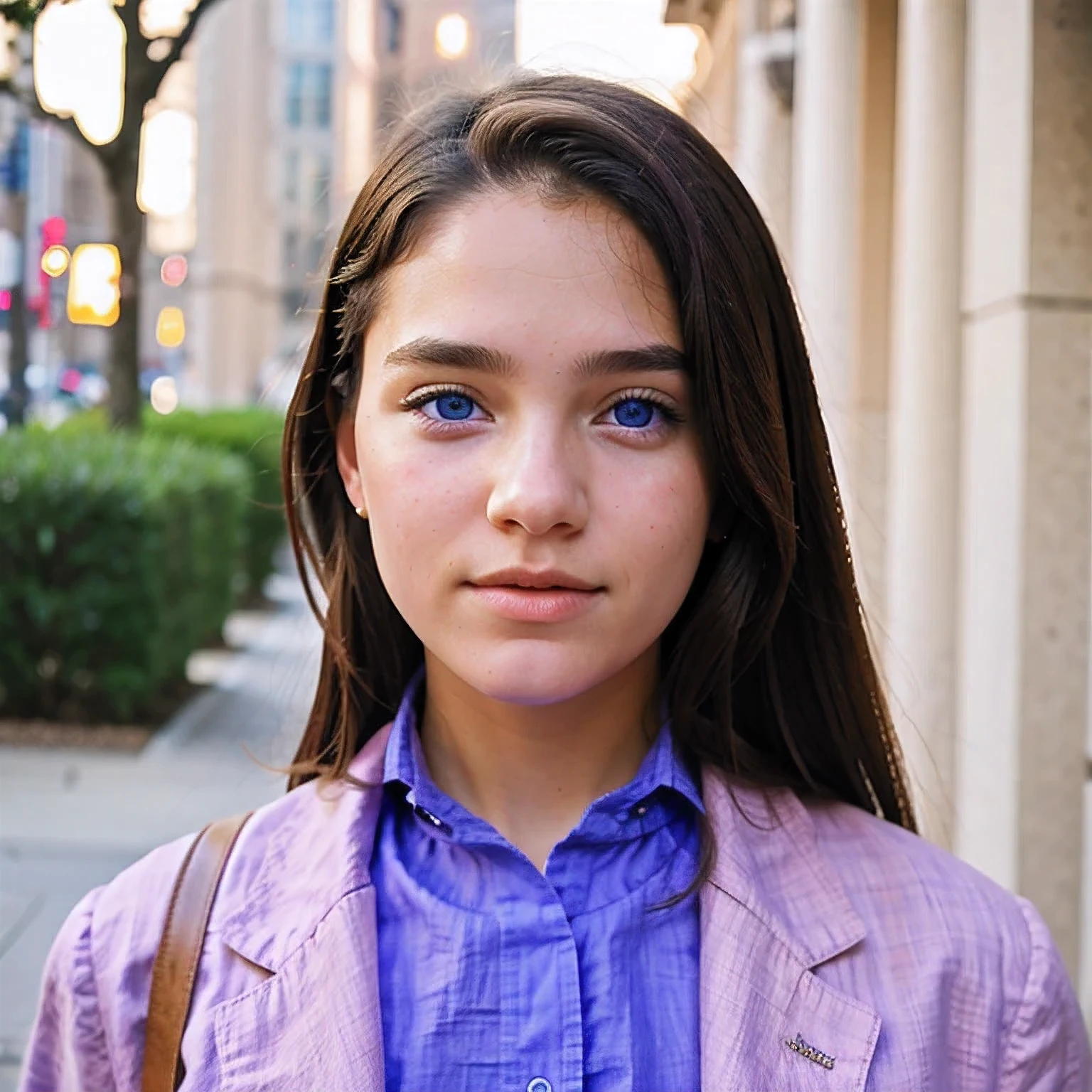 photo of a Columbia student，************, in Purple Pink, Linen coarse cloth, (freckles:0.8) Blush，cute face, scifi, dystopian, detailed eyes, cobalt blue eyes（（Side view））Shy