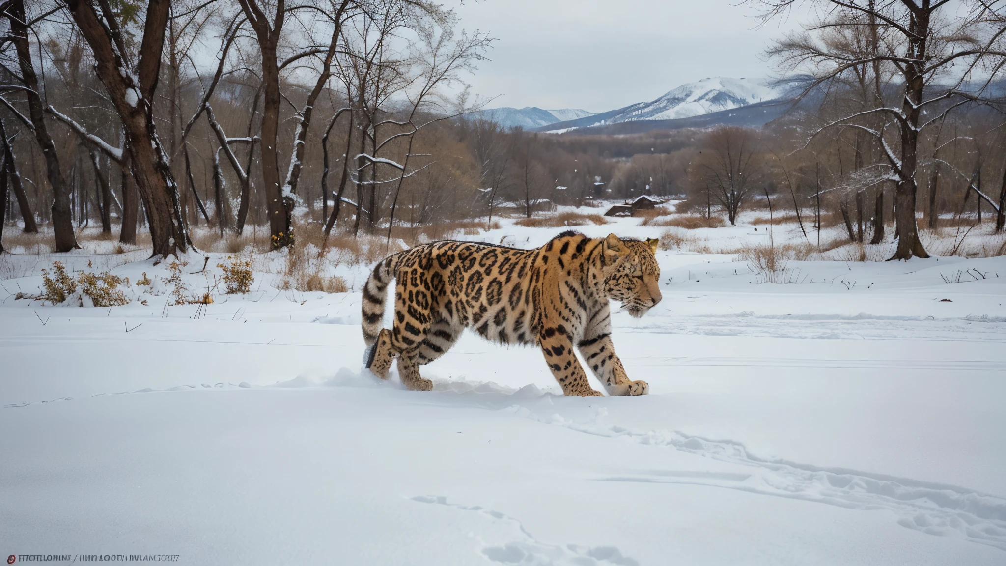 Create a powerful image that celebrates the majestic beauty of the critically endangered Amur leopard, Panthera pardus orientalis. Picture a dense forest landscape in the Russian Far East, blanketed in snow during the winter months. In the midst of the forest, depict the sleek form of an Amur leopard prowling stealthily through the undergrowth, its vibrant orange coat contrasting with the white snow and emerald green foliage. Capture the intensity of the leopard's gaze and the grace of its movements, conveying its status as a top predator in its natural habitat. Surround the leopard with elements of its ecosystem, such as towering trees and frozen streams, to evoke the pristine wilderness of the Amur leopard's home. Through your image, inspire viewers to appreciate the unique beauty of the Amur leopard and to support conservation efforts aimed at protecting this critically endangered big cat from extinction.