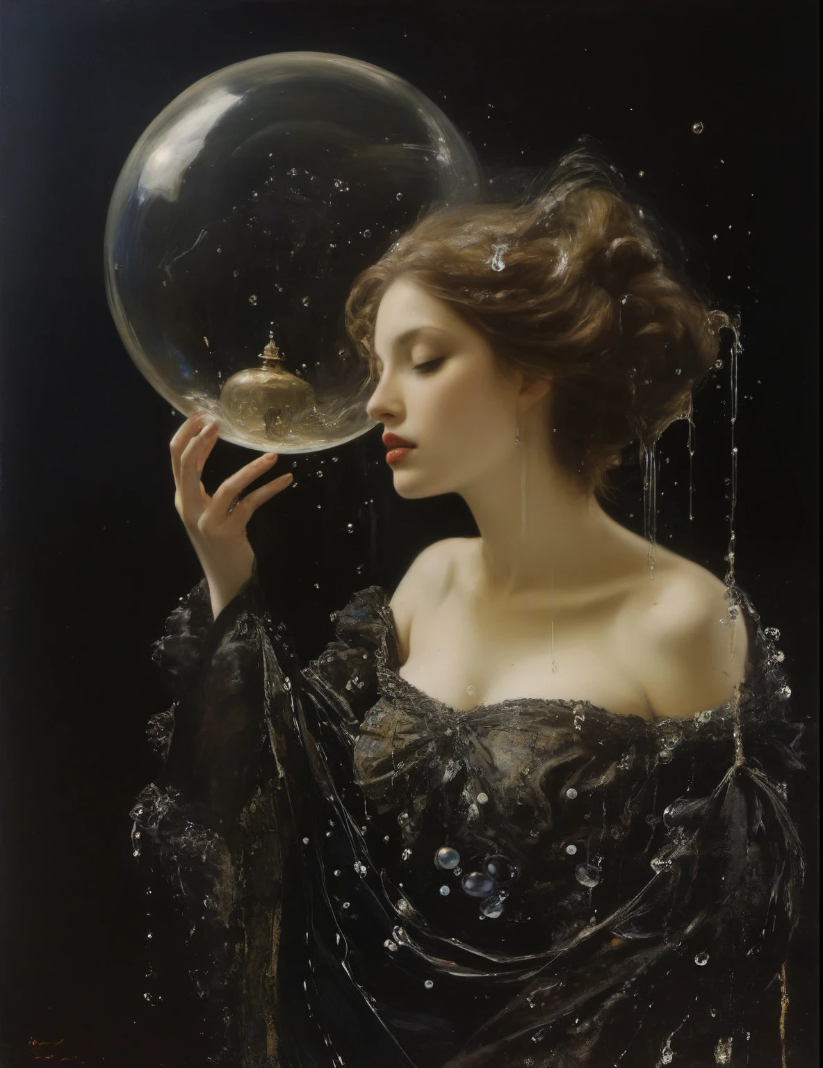 James Gurney, Surrealist art , dream-like, Mysterious, Provocative, symbolic, Complex, detailed,, (Gothic but very beautiful:1.4), (masterpiece, highest quality:1.4) , Nicola Samori Style, siren 、Water bubbles