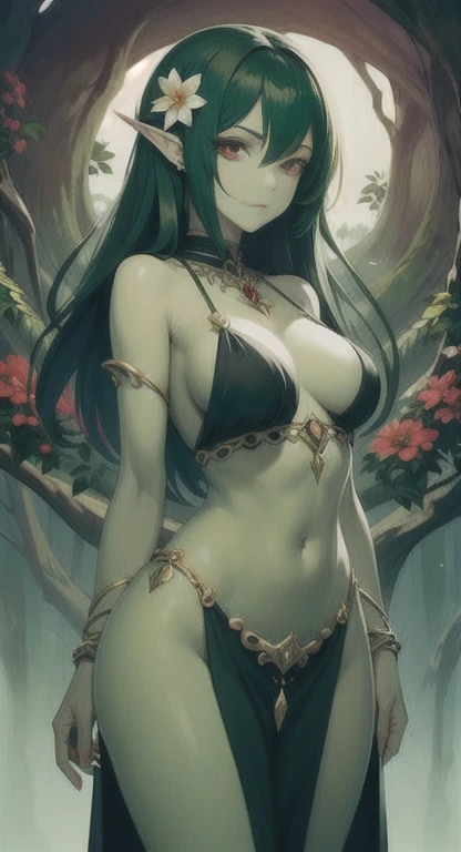 masterpiece, best quality, solo, mythical woman, flower hair, red eyes, green hair, dryad, green skin,
