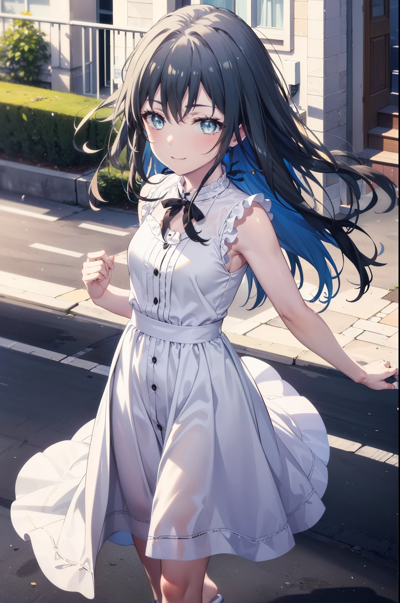 yukinoyukinoshita, Yukino yukinoshita, Black Hair, blue eyes, Long Hair,smile, Small breasts,happy smile, smile, Close your mouth,
, Sleeveless white dress,White long skirt,Cute Sandals,walking,Real Summer,Daytime,sunny,whole bodyがイラストの中に入っていくように,
break outdoors ,city,Building district, break looking at viewer, whole body,
break (masterpiece:1.2), highest quality, High resolution, unity 8k wallpaper, (shape:0.8), (Beautiful and beautiful eyes:1.6), Highly detailed face, Perfect lighting, Extremely detailed CG, (Perfect hands, Perfect Anatomy),