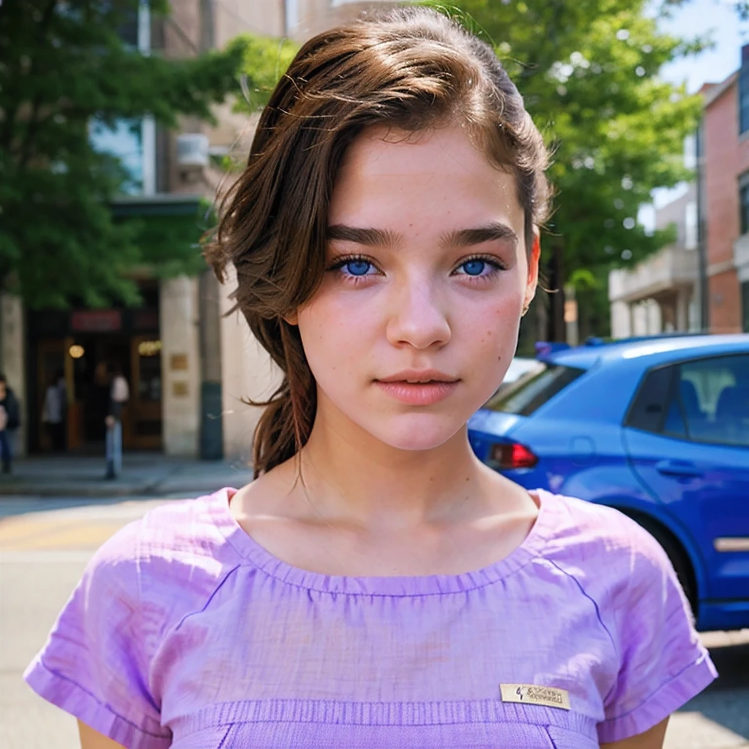 photo of a Columbia student，, in Purple Pink, Linen coarse cloth, (freckles:0.8) Blush，cute face, scifi, dystopian, detailed eyes, cobalt blue eyes（（Side view））Shy