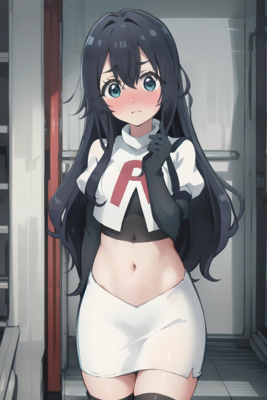 ((Best Quality)), ((Masterpiece)), (detailed), 1 girl, from the anime Boku no hero academia, He has long black hair, Her skin is pearly white and her eyes are pink..