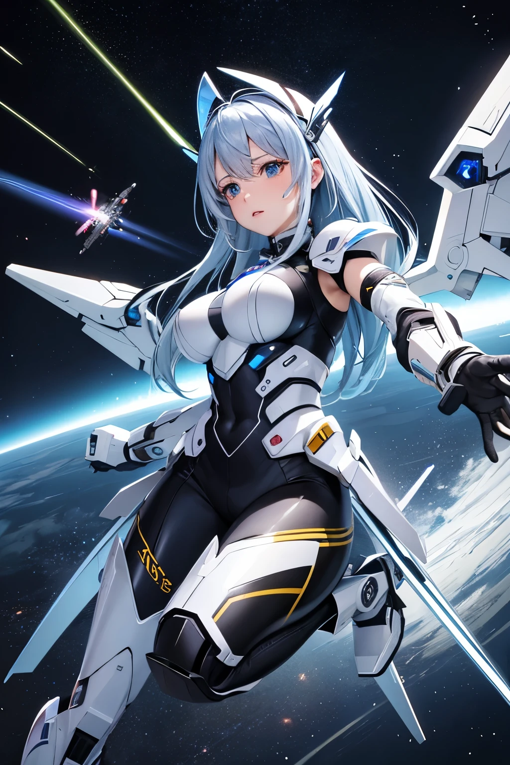 （（（highest quality、first-clasasterpiece、Normal body、8k、Detailed face、Ultra-precision、Normal hand、Normal finger、５Finger、）））Blue and silver hair、Machine Angel、Large mechanical wings、Large booster、Large thruster、Sun visor、Thought-guided remote-controlled weapon、Full Armor、Beam rifle、Beam irradiation、Running through space、Beam Sword、Fighting space monsters、Variable Beam Launcher、Multi-Lock Missile、Mega Beam Cannon、In combat、Dogfight