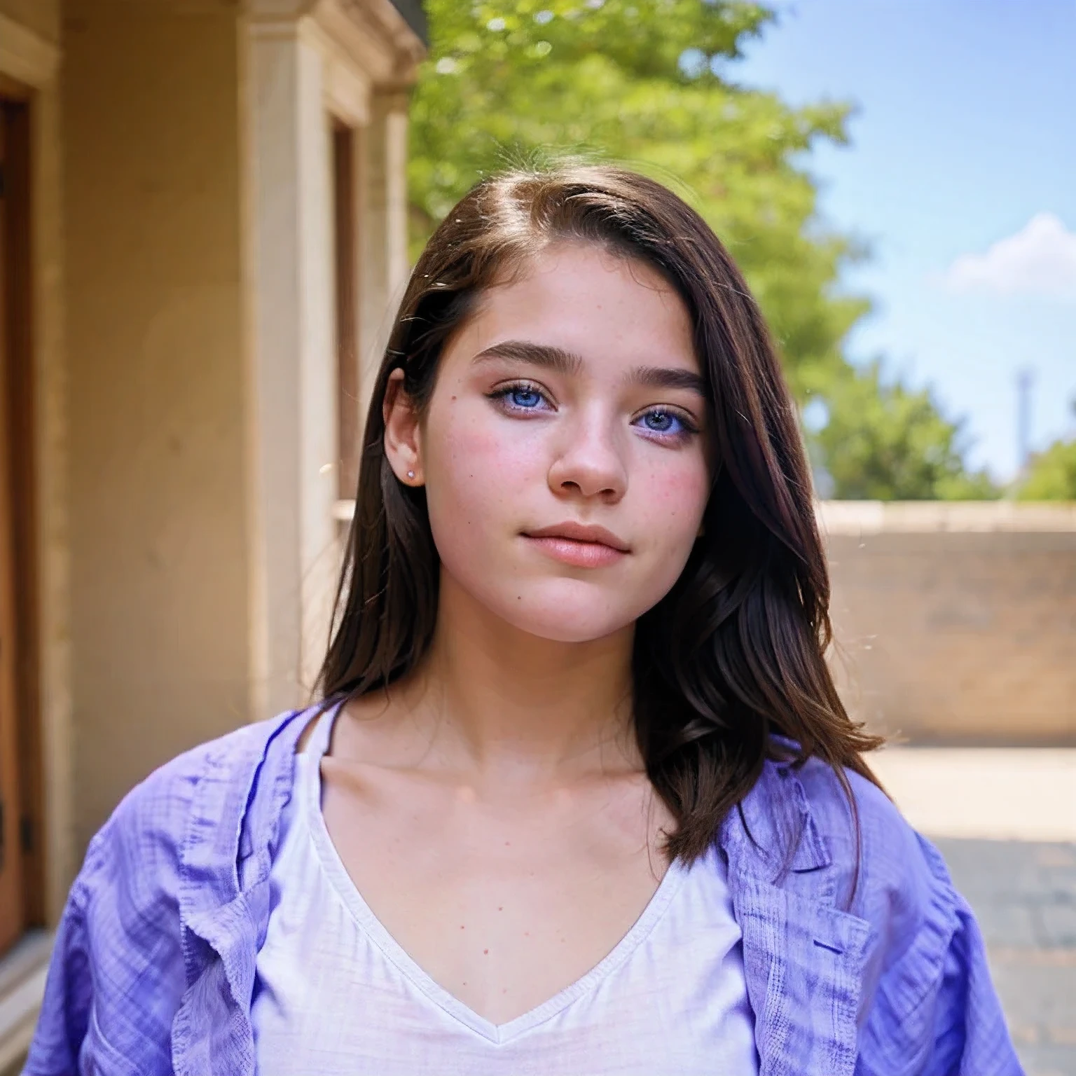 photo of a Columbia student，17 years old, in Purple Pink, Linen coarse cloth, (freckles:0.8) Blush，cute face, scifi, dystopian, detailed eyes, cobalt blue eyes（（Side view））Shy