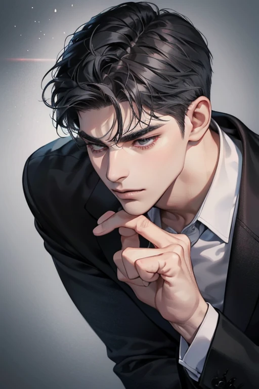 masterpiece, best quality, realistic, 1 man,  man, quiet and charming young man, 31 years old, eyes closed, serious look, extremely detailed face, ((dark gray eyes)), ((short dark black swept to the right ) hair)), [thick eyebrows], ((businessman)), cinematic lighting, posture dynamics