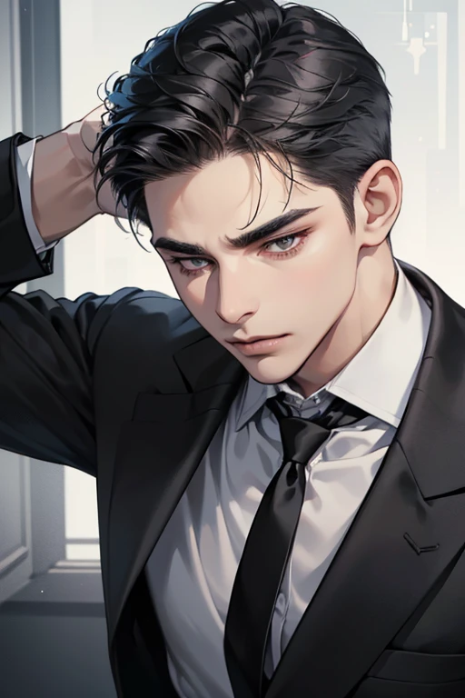 masterpiece, best quality, realistic, 1 man, mature man, quiet and charming young man, 31 years old, eyes closed, serious look, extremely detailed face, ((dark gray eyes)), ((short dark black swept to the right ) hair)), [thick eyebrows], ((businessman)), cinematic lighting, posture dynamics