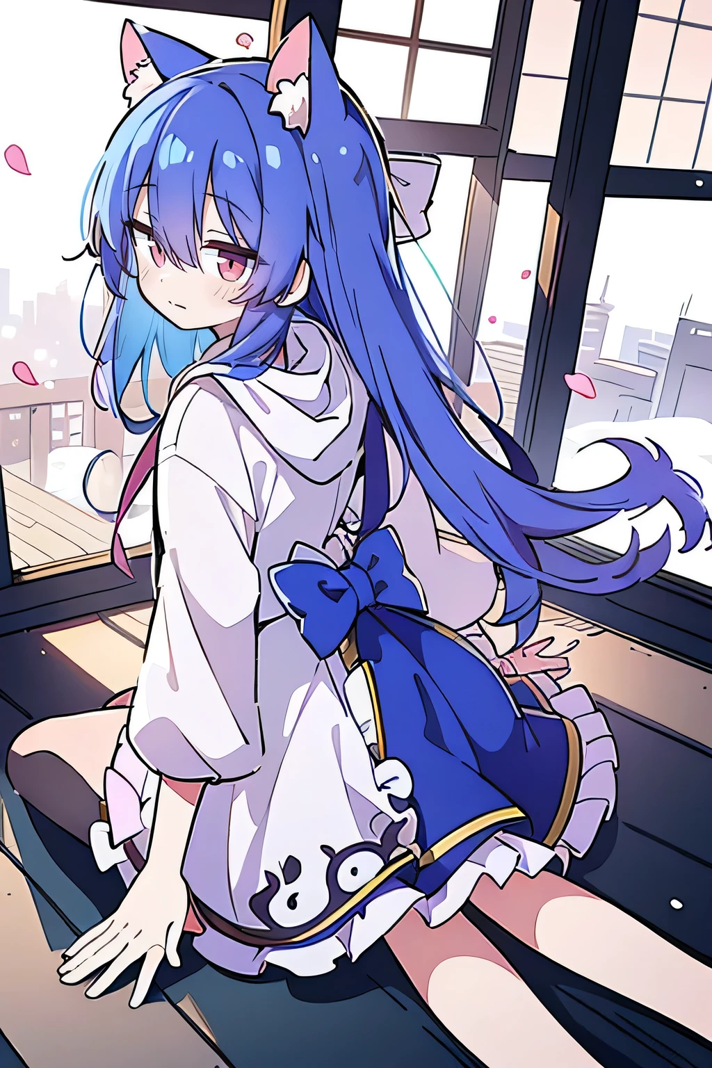 （masterpiece：1.2），Super detailed，lifelike，Expressive eyes，fair skin，perfect face shape，1 girl，
Japanese comics,Gorgeous blue hair,flowing blue hair,flowing clothes,Cat ears,Petals fall,beautiful lola,Baby Angel,
Shaking head with one hand，Cross your legs，Gentle and peaceful background，The pavilion is cool and comfortable,smile, wearing hoodie, background of tokyo,back views,snowing, winter.