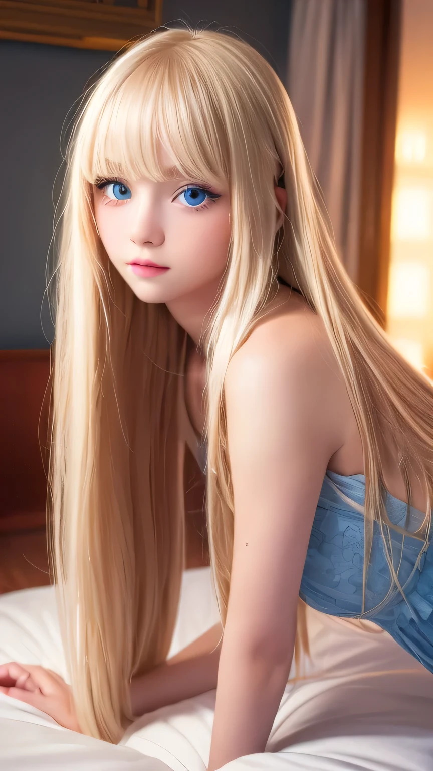 A very white and beautiful 20-year-old blonde girl、Mastepiece, Best Quality, Illustration, Ultra-detailed fine details, Natural platinum blonde with a natural shine、Super long straight silky hair、Super long Rapunzel hair、disheveled bangs above the eyes,、Bangs that cover the face、High resolution, 8K Denden Wallpaper, Perfect dynamic composition, Beautifully detailed large light blue eyes , Very big eyes、of hotel(Bed)、Small Face Beauty、Round face、On all fours