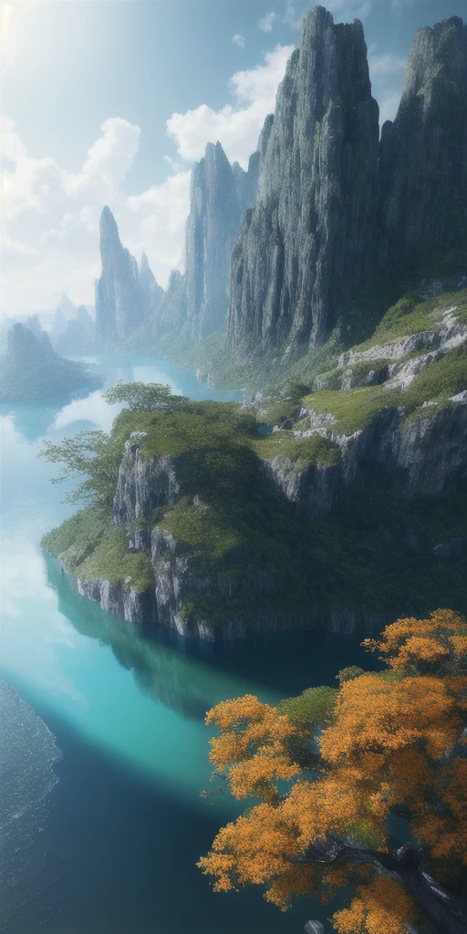 masterpiece, best quality, high quality, Extremely detailed CG unity 8k wallpaper, landscape, outdoor, sky空, cloud, sky, No humans, Mountain, landscape, water, Tree, blue sky空, waterfall, cliff, nature, lake, river, cloudy sky空,Award-winning photography, Bokeh, Depth of Field, HDR, Bloom, Chromatic Aberration ,Reality,Extremely detailed, Popular on artstation, Popular on CGSociety, Wheels within wheels, High Detail, dramatic, midjourney's Artwork