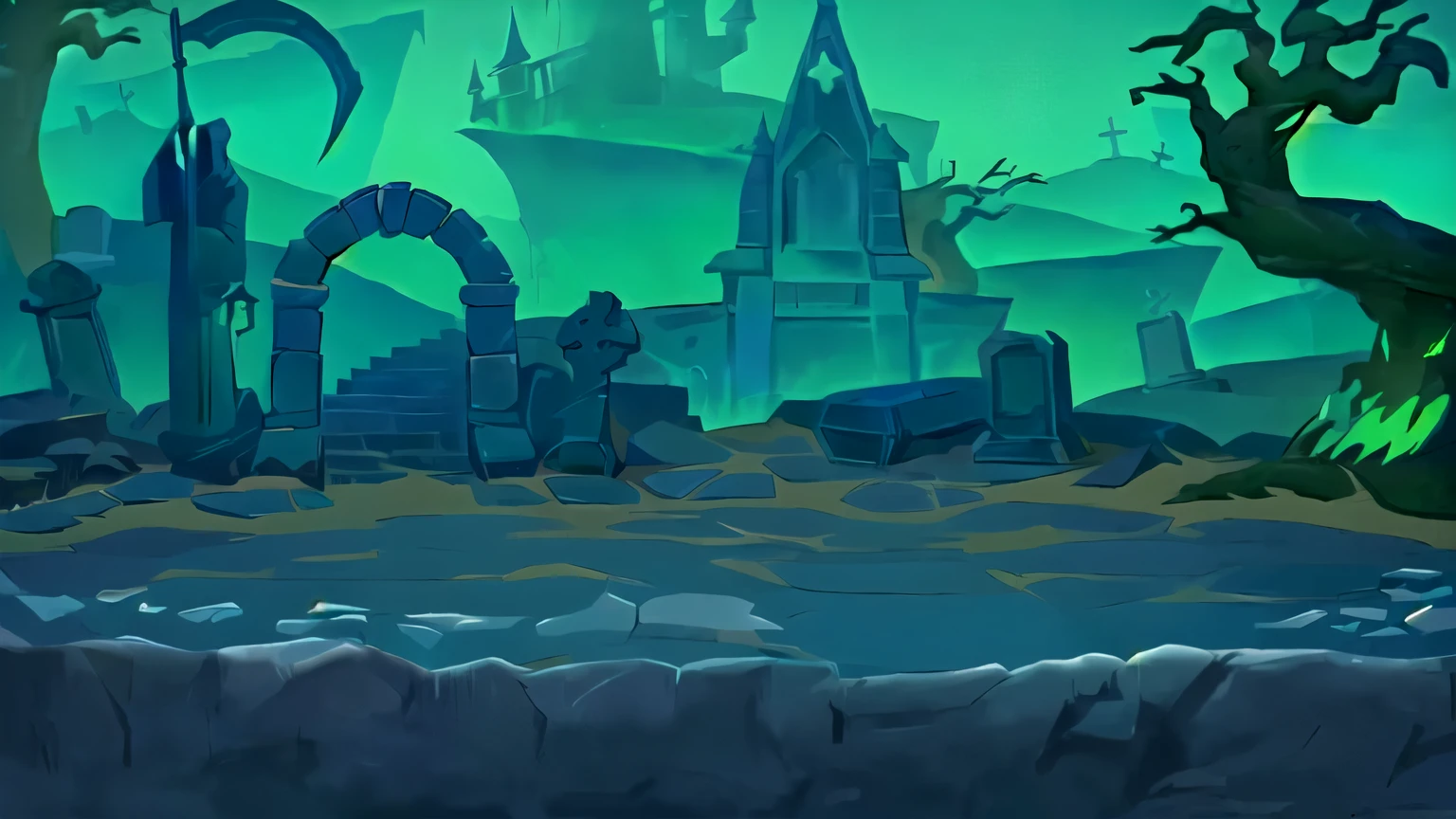 cartoon illustration of a spooky graveyard with a spooky tree, background art, graveyard background, background artwork, game background, mobile game background, dungeon background, in a dungeon background, valley of the damned background, odin's stone arena background, 2d game background, 2 d game art background, haunted background, light kingdom backdrop, videogame background, shadowy castle background