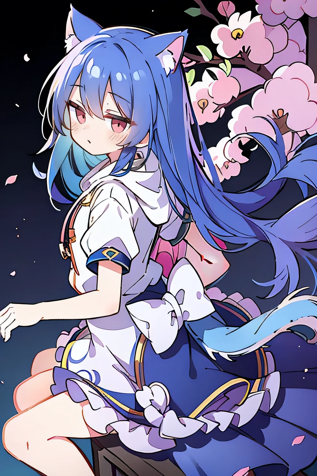 (masterpiece:1.2),Super detailed,lifelike,Expressive eyes,fair skin,perfect face shape,1 girl,
Japanese comics,Gorgeous blue hair,flowing blue hair,flowing clothes,Cat ears,Petals fall,beautiful lola,Baby Angel,
Shaking head with one hand,Cross your legs,Gentle and peaceful background,The pavilion is cool and comfortable,smile, wearing hoodie, background of tokyo,back views,snowing, winter.