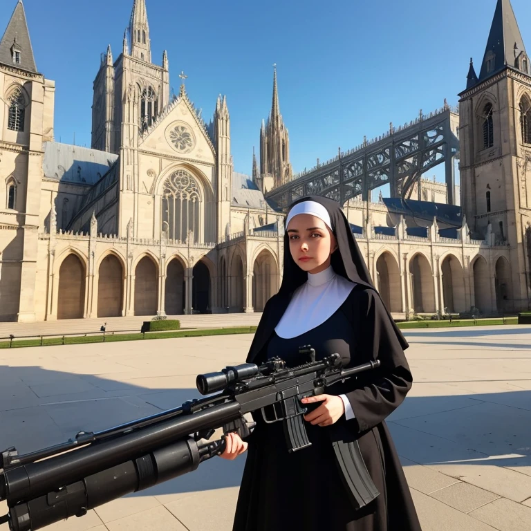 nuns with guns, a beautiful nun holding a large machine gun, a cathedral in the background, beautiful outdoor scene, ethereal fantasy, die brücke, surrealist: dreamlike imagery, (Masterpiece:1.3), (best quality:1.3), beautiful young woman