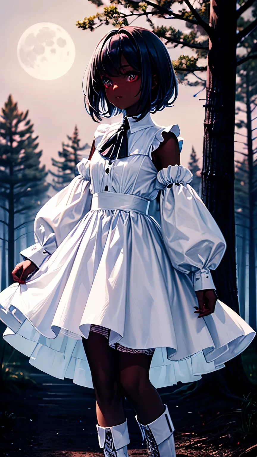 dark skin girl, white clothes, black make-up, long-sleeves puffy shirt, tulle skirt, white fishnets, white boots, forest at night, moonlight