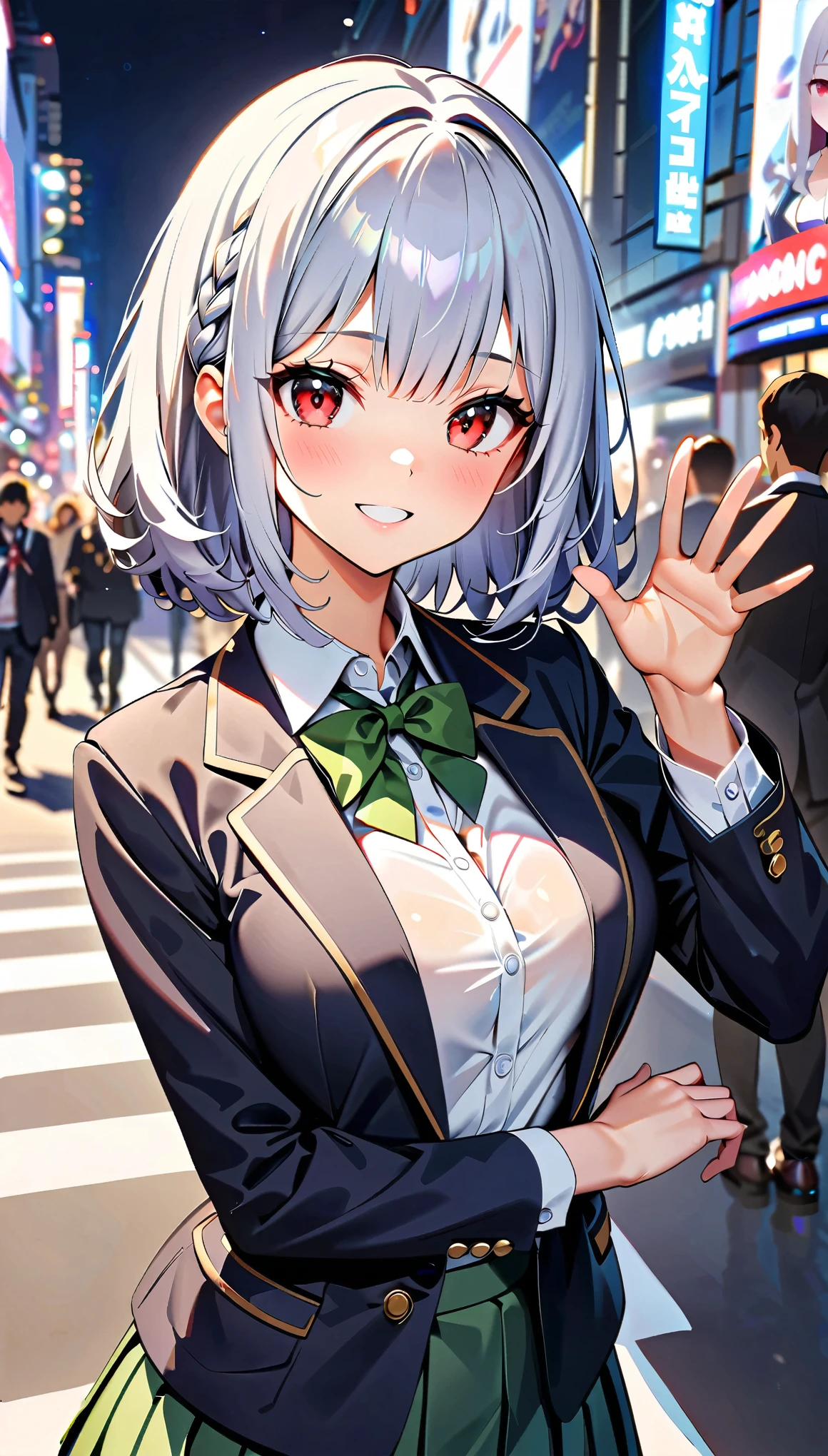(highest quality:1.2, Very detailed, Ultra-high resolution, masterpiece:1.2, highest quality, Best aesthetics), (((1 girl))), Beautiful woman, , jk, blazer, Collared shirt with green tie, Pleated skirt, (Silver Hair, Braided Hair, Red Eyes), Reflection of light, translucent, Fascinating, (Hand waving pose:1.4), Watery eyes, Detailed eyes, Delicate, dream-like, Surreal, Shibuya, Scramble crossing, People passing by々, smile, Soft Light, Elegant gestures, Shallow depth of field, Bokeh:1.2.