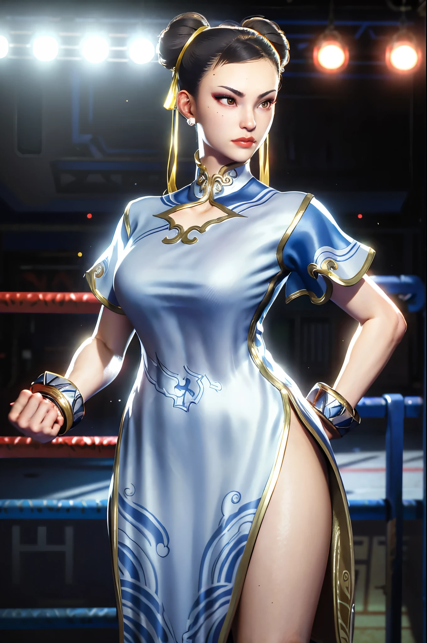 realistic, realism, photorealism, photo-realistic, high contrast, (photorealistic:1.4), 8k high definition detailed realistic, (best quality, masterpiece:1.2),  photon mapping, radiosity, physically-based rendering, best quality, highly detailed, 1girl, sfchunli, brown eyes, indoor, boxing ring, boxing tournament, boxing match, camera flashes, spectators gathered in background, kung fu pose, serious face, focused, confident, standing in boxing ring, indoor, boxing ring, boxing tournament, boxing match, camera flashes, spectators gathered in background, kung fu pose, serious face, focused, confident, standing in boxing ring, indoor, boxing ring, boxing tournament, boxing match, camera flashes, spectators gathered in background, kung fu pose, serious face, focused, confident, standing in boxing ring, indoor, boxing ring, boxing tournament, boxing match, camera flashes, spectators gathered in background, kung fu pose, serious face, focused, confident, standing in boxing ring, indoor, boxing ring, boxing tournament, boxing match, camera flashes, spectators gathered in background, kung fu pose, serious face, focused, confident, standing in boxing ring, indoor, boxing ring, boxing tournament, boxing match, camera flashes, spectators gathered in background, kung fu pose, serious face, focused, confident, standing in boxing ring