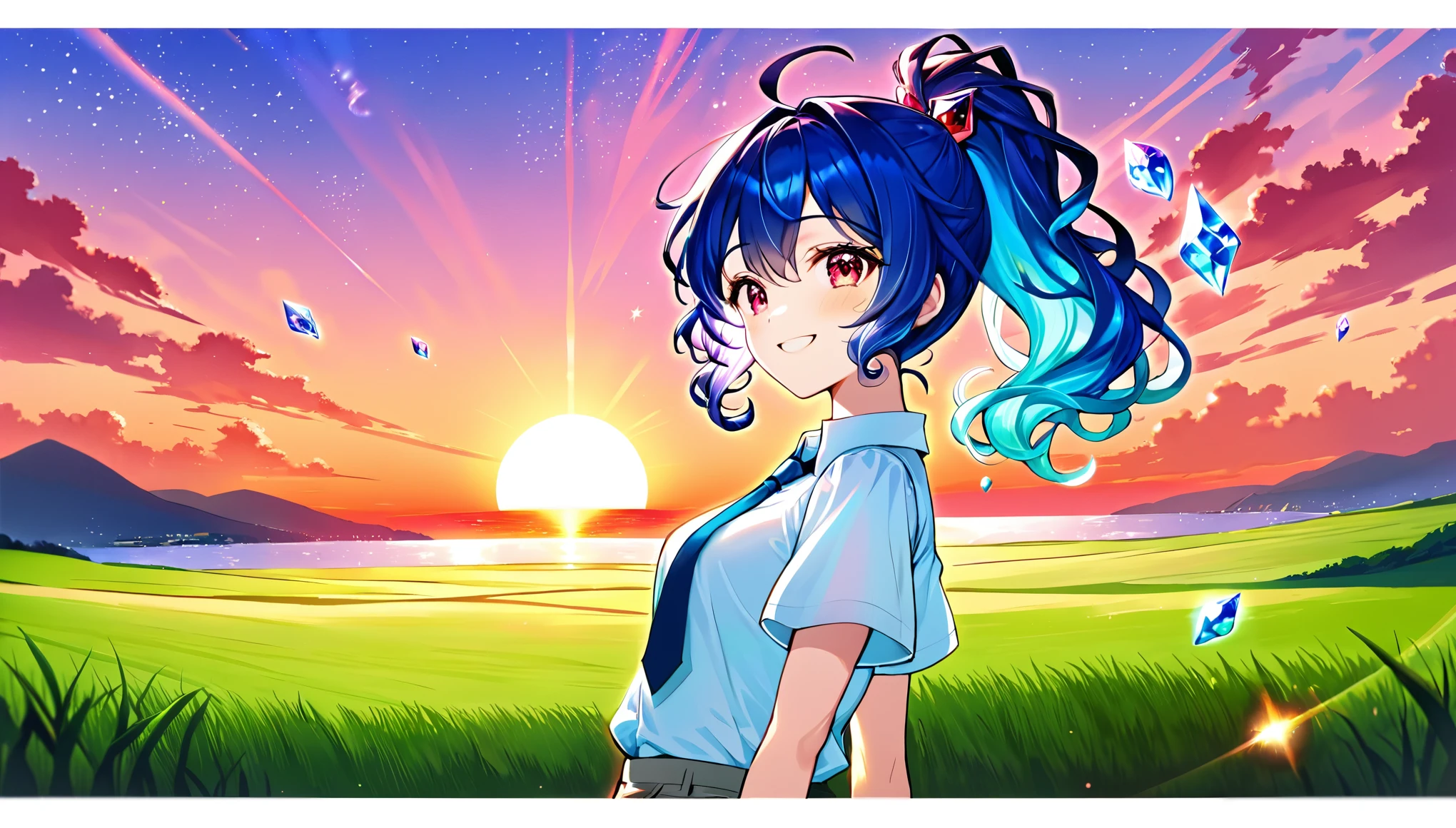 (( in the style of Ichikawa Haruko)), Houseki no kuni, The Land of Gems, Original character, ((masterpiece)), (((Best quality))), ((ultra detailed)), ((illustration)), [Realistic lighting effect], shadows, (Fantasy style), (White background:1.6), Simple background, illustration, 1 girl, tricky glance, Majestic view (multicolored hair, gradient hair, Hair color from blue to crimson, blue hair), Tanzanite, without bangs, (Side bangs), curly curl on the cheek, hairstyle: High ponytail, A long tail, (Eyes crimson red), wide eyes, eyelashes, side view, Crystal hair, glowing hair, collared shirt, galaxy, Additional lighting, uniform, tie, puffy short sleeves, Shorts, smiling, puffy short sleeves, Puffy Armbands, shirt, short sleeve, spark, small flat chest, clear glass, crystal color, natural background, sunset, красивый яркий sunset, Pink clouds, Sky Gradient, warm colors, very world, glowing hair, Green meadow, sea in the distance, comfort, Peace of mind, яркое sunsetное солнце