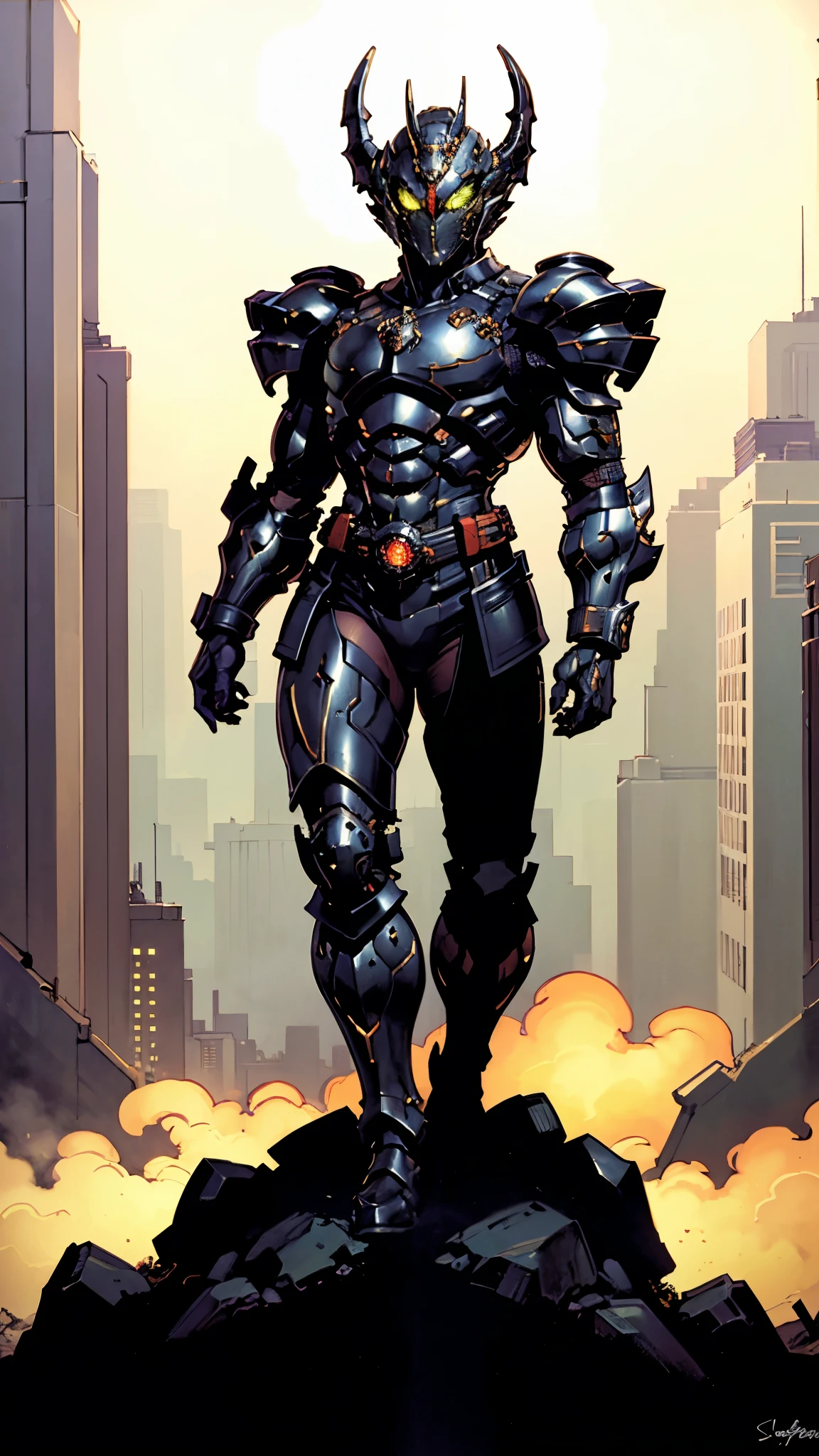 A man wearing a full-face helmet, a fantasy-style biomecha armored combat suit, green eyes, a composite layered chest armor, fully enclosed shoulder guards, matching arm and leg guards, the belt is adorned with dragon claw grasping orbs, primarily black with red accents, the design balances heavy with agility, a high-tech biological armor, concept inspired by dragons,stand on the top of a skyscraper in a futuristic sci-fi city, this character embodies a finely crafted fantasy-surreal style armored hero in anime style, exquisite and mature manga art style, ((male:1.5, element, plasma, energy)), metallic, real texture material, dramatic, high definition, best quality, highres, ultra-detailed, ultra-fine painting, extremely delicate, professional, perfect body proportions, golden ratio, anatomically correct, symmetrical face, extremely detailed eyes and face, high quality eyes, creativity, RAW photo, UHD, 32k, Natural light, cinematic lighting, masterpiece-anatomy-perfect, masterpiece:1.5