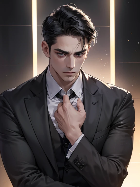 (best quality, masterpiece, 8K, photorealistic, cinematic lighting, hdr image, ultra detailed, beautiful image), 1 man, 31 years old, mature man, very handsome, (without expression, serious), short black hair, black eyes ( penetrating gaze), imposing posture, businessman, office background