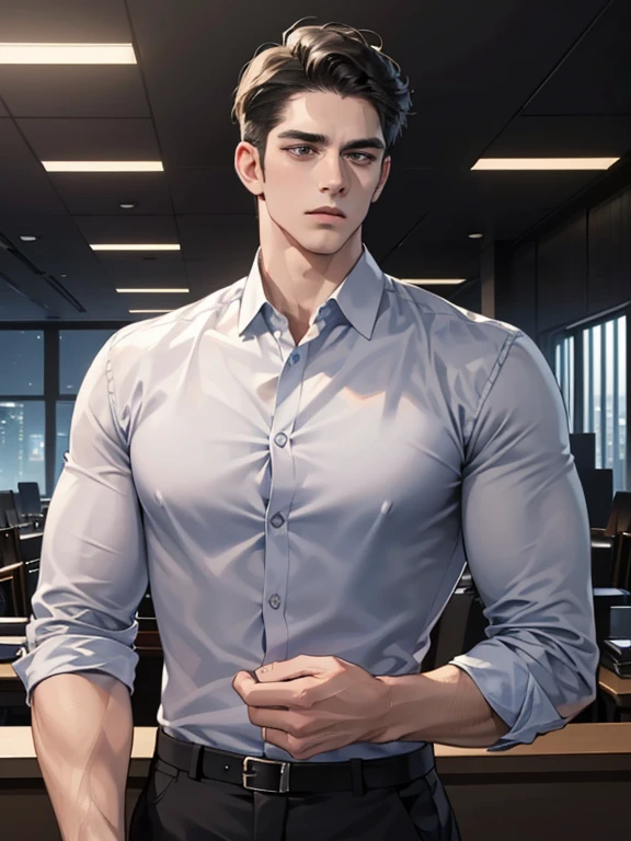 (best quality, masterpiece, 8K, photorealistic, cinematic lighting, hdr image, ultra detailed, beautiful image), 1 man, 31 years old, mature man, very handsome, (without expression, serious), short blue hair, blue grey eyes ( penetrating gaze), perfect face without errors, imposing posture, without errors, businessman, office background
