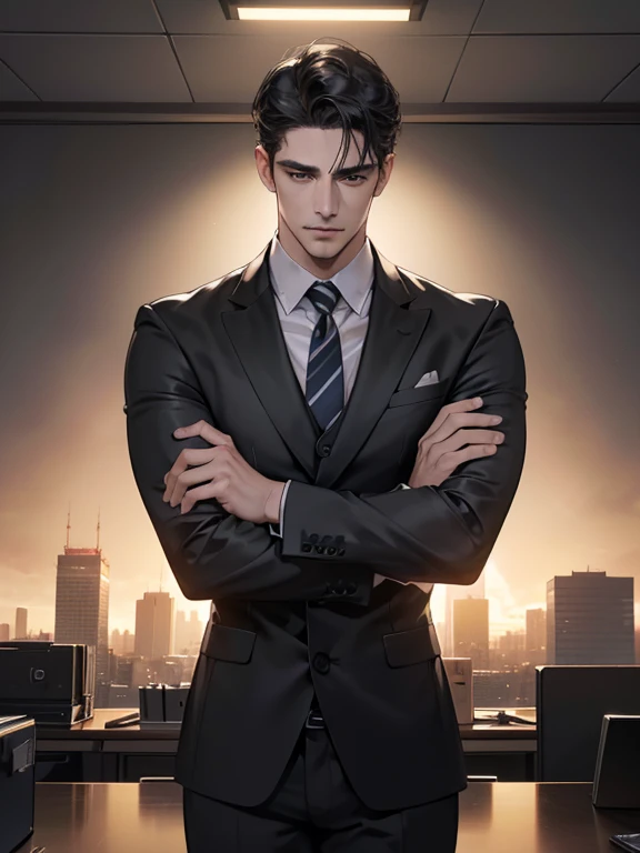 (best quality, masterpiece, 8K, photorealistic, cinematic lighting, hdr image, ultra detailed, beautiful image), 1 man, 31 years old, mature man, very handsome, (without expression, serious), short black hair, black eyes ( penetrating gaze), imposing posture, businessman, office background