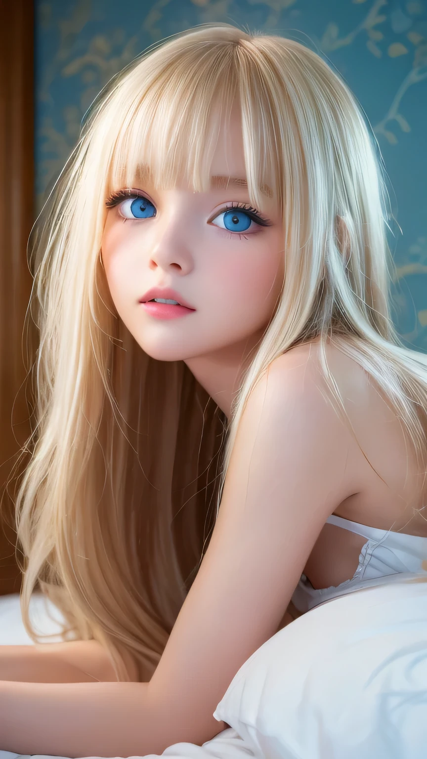 A very white and beautiful 20-year-old blonde girl、Mastepiece, Best Quality, Illustration, Ultra-detailed fine details, Natural platinum blonde with a natural shine、Super long straight silky hair、Super long Rapunzel hair、disheveled bangs above the eyes,、Bangs that cover the face、High resolution, 8K Denden Wallpaper, Perfect dynamic composition, Beautifully detailed large light blue eyes , Very big eyes、of hotel(Bed)、Small Face Beauty、Round face、On all fours