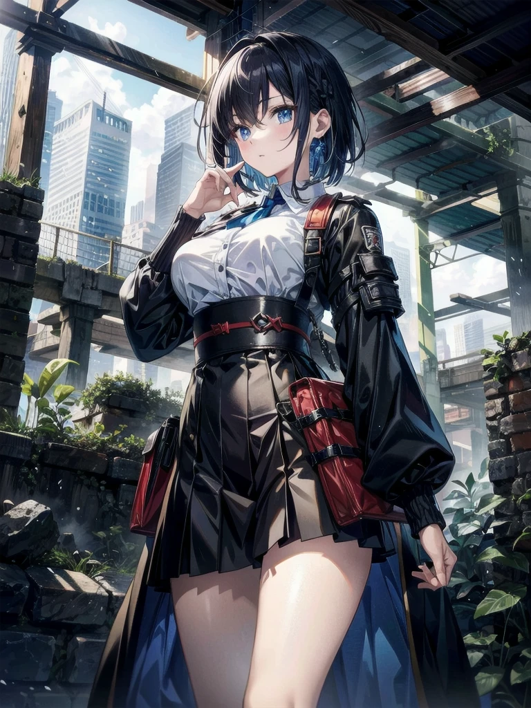 whole body, long blue great sword, Ruins, tech boots, black jacket, samurai, school_uniform, absurdres, RAW photo, extremely delicate and beautiful, masterpiece, Best Quality, ultra high resolution, 32k, hyperrealistic, ultra-detailed, detailed description, pale skin, 20 years old, detailed beautiful face and eyes, tearful mole, earring, Colossal tits, short medium hair, wavy hair,