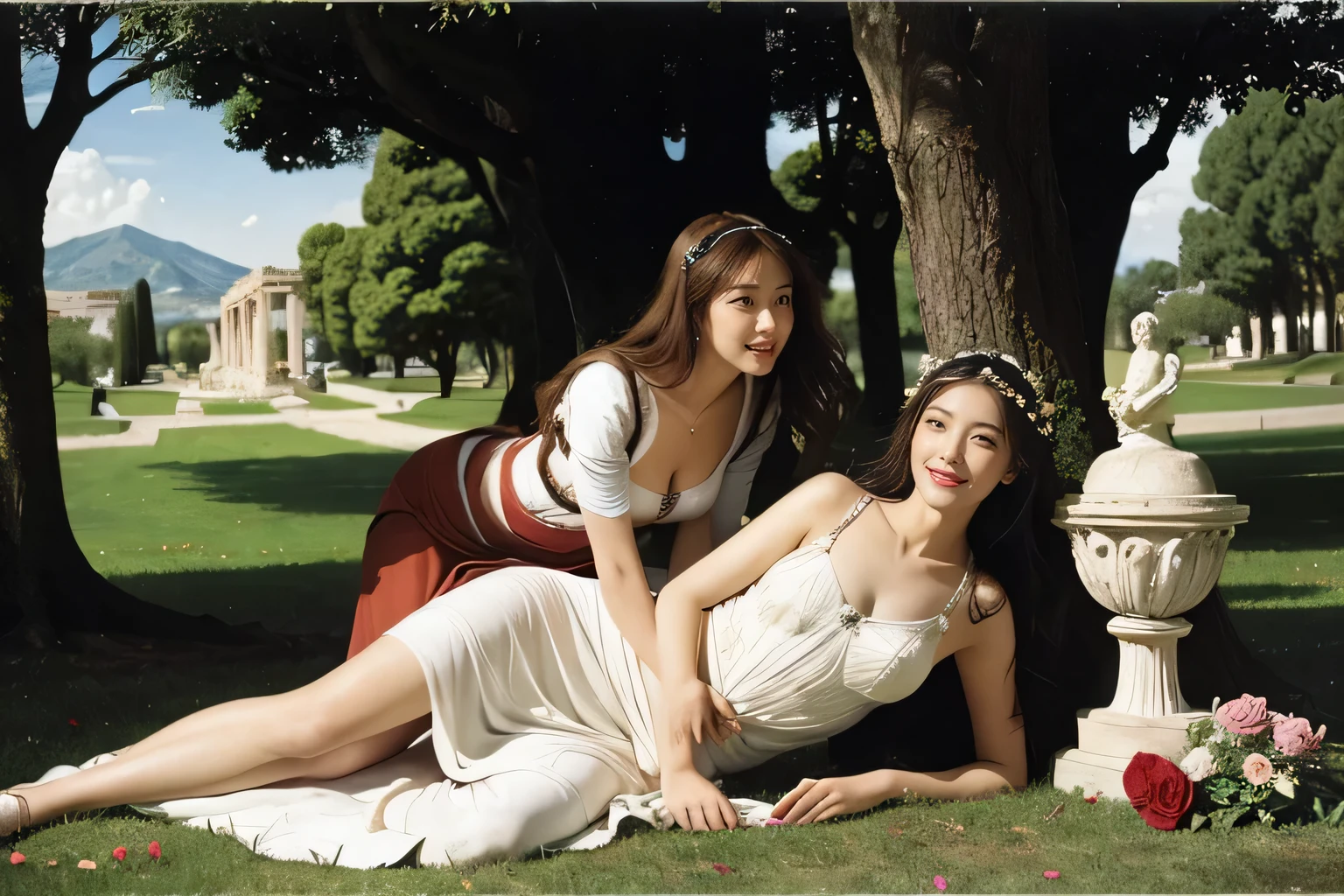 full body portrait or statue、Sandro Botticelli painting style,Arguments of two female Philosophe,math、astronomical machine、astronaut、roses in vase、fruits、Cute trinkets、smile、ancient greek costume、Ancient Roman landscape in the style of Nicolas Poussin,laughter,,Sweet and seductive appearance.、Caravaggio's paintings、Chiaroscuro of Caravaggio、hair tousled by the wind,Two women frolicking,cute smile, expression of ecstasy,Sexy,erotic