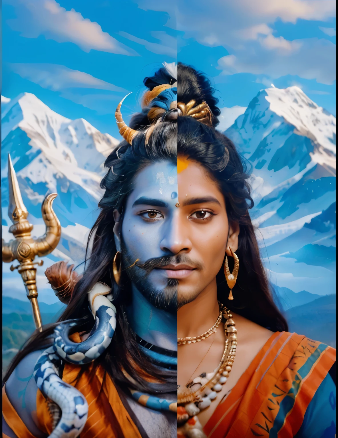 a painting of a man with a beard and a woman with a snake around neck, god shiva the destroyer, shiva, lord shiva, inspired by Kailash Chandra Meher, ghutra and egal, trending ，, cyborg hindu godbody, devainart, hinduism, avatar image, accurate depiction, photoshopped, profile pic, fanart, very accurate coherent image, indian god