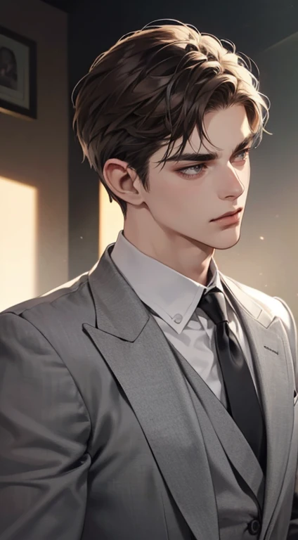 masterpiece, best quality, realistic, 1man, mature male, quiet and charming young man, 25 years old, close his eyes, serious look, extremely detailed face, ((dark grey eyes)), ((short-right-swept dark brown hair)), [thick eyebrows], detective, plain background, ((suit)), cinematic lighting, looking at the audience, posture dynamics