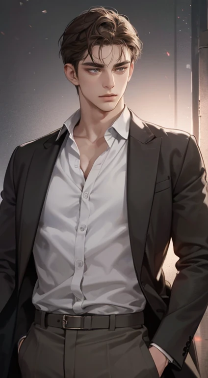 masterpiece, best quality, realistic, 1man, mature male, quiet and charming young man, 25 years old, close his eyes, serious look, extremely detailed face, ((dark grey eyes)), ((short-right-swept dark brown hair)), [thick eyebrows], detective, plain background, ((suit)), cinematic lighting, looking at the audience, posture dynamics