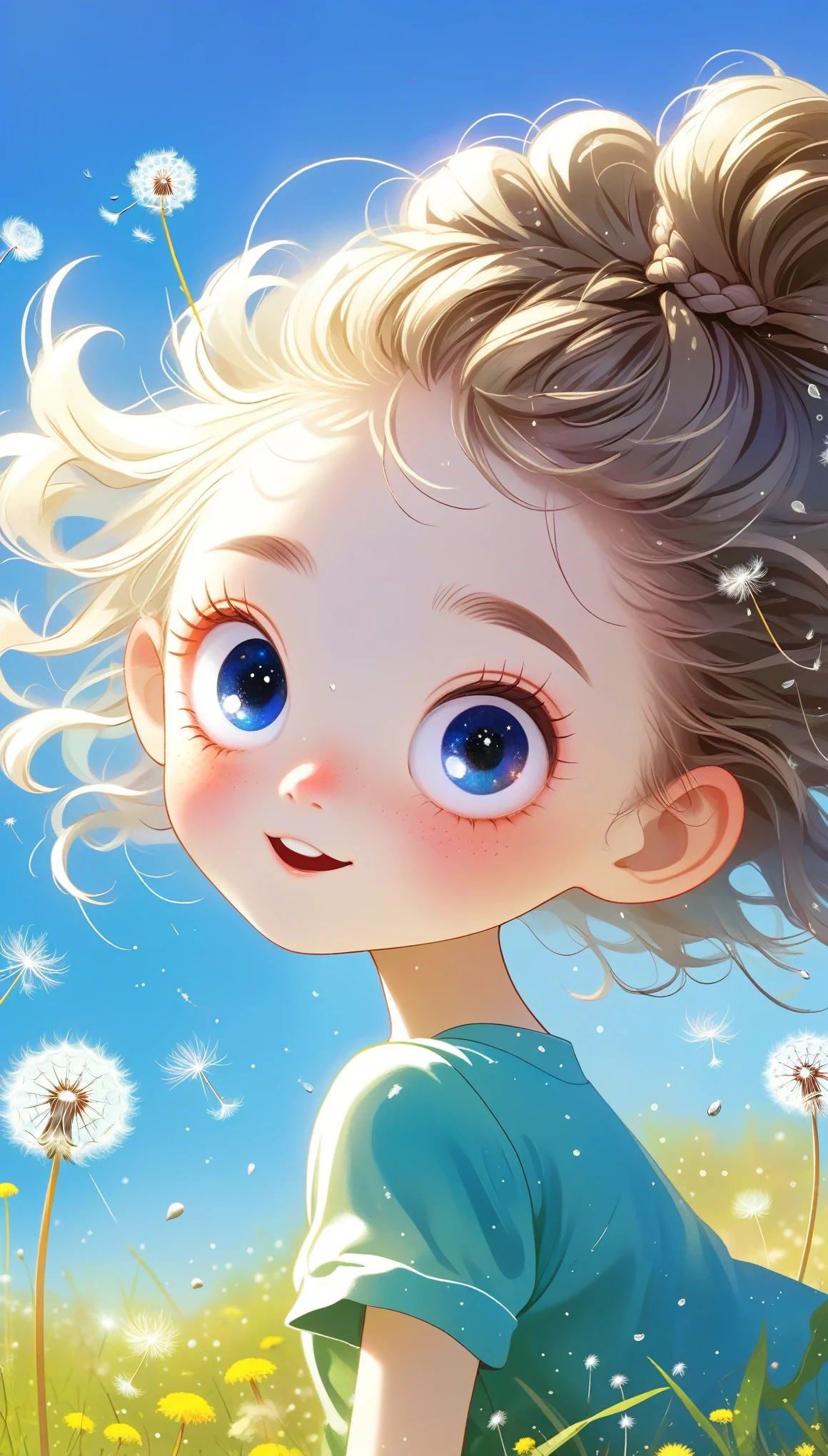 1 Girl(Lovely, Kawaii,child,Hair shiny,Braided hair,Messy hair,Dandelion Hair Accessories,Eye Color Universe,big eyes,Dynamic Angle:1.4,whole body,Dynamic poses,Delicate face,Bright colors,Blowing dandelion seeds,Smile),