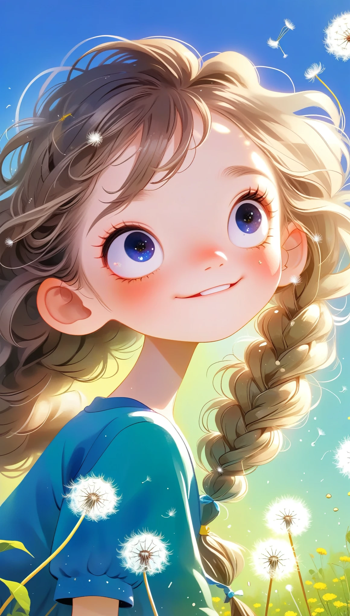 1 Girl(Lovely, Kawaii,child,Hair shiny,Braided hair,Messy hair,Dandelion Hair Accessories,Eye Color Universe,big eyes,Dynamic Angle:1.4,whole body,Dynamic poses,Delicate face,Bright colors,Blowing dandelion seeds,Smile),