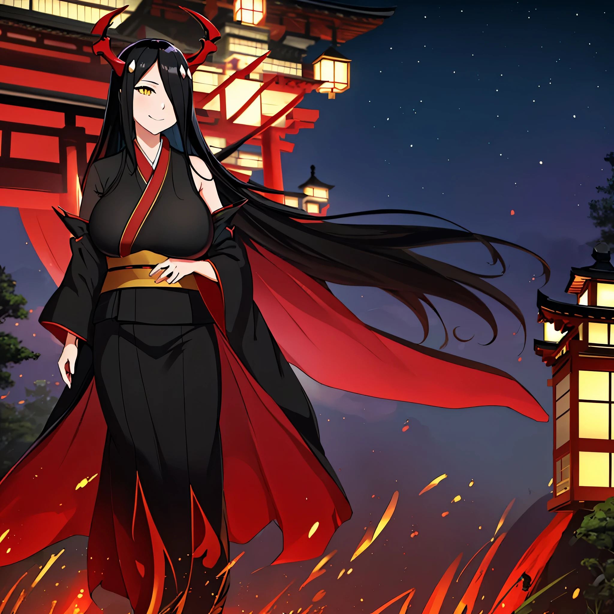 A woman wearing a long black yukata with red and gold details, long black hair, red horns, long red fur cape, yellow eyes, smiling, walking in a Japanese garden at night, traditional Japanese arch in the background, big breasts,Surrealism, drop shadow, anaglyph, stereogram, tachi-e, pov, atmospheric perspective, 8k, super detail, ccurate, best quality, award winning, textured skin, highres, anatomically correct, (woman solo)
