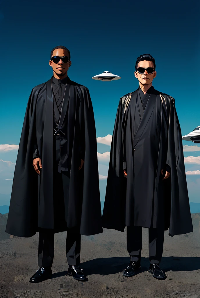(masterpiece, best quality:1.1),flat design,
illustration of "MEN IN BLACK",No expression,
2Black clothes men,black people,Black sunglasses,japanese,background:UFO floating sky,fullbody,
in EDO era,dynamic angle,dynamic angle,beautiful lighting,photographic portrait, sharp,