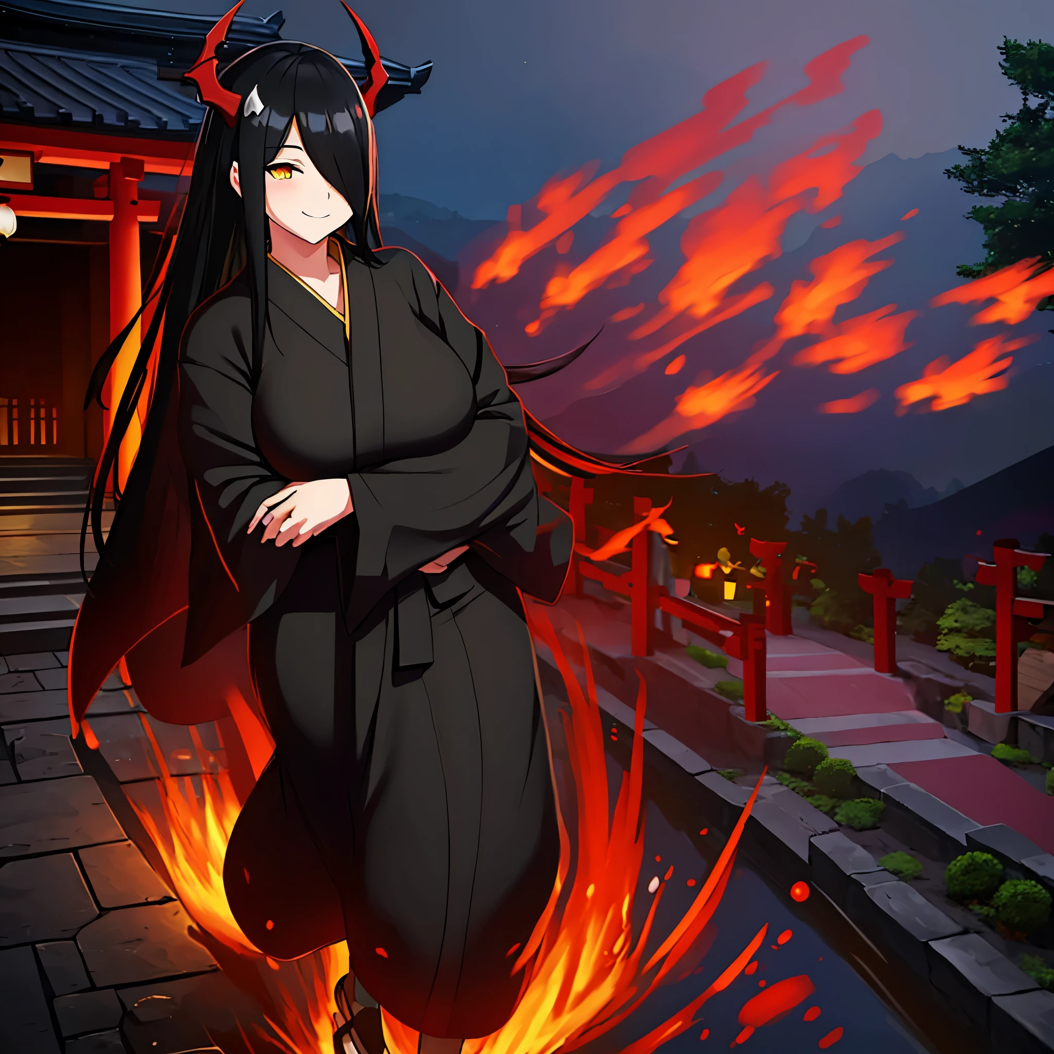 A woman wearing a long black yukata with red and gold details, long black hair, red horns, long red fur cape, yellow eyes, smiling, walking in a Japanese garden at night, traditional Japanese arch in the background, big breasts,Surrealism, drop shadow, anaglyph, stereogram, tachi-e, pov, atmospheric perspective, 8k, super detail, ccurate, best quality, award winning, textured skin, highres, anatomically correct, (woman solo)
