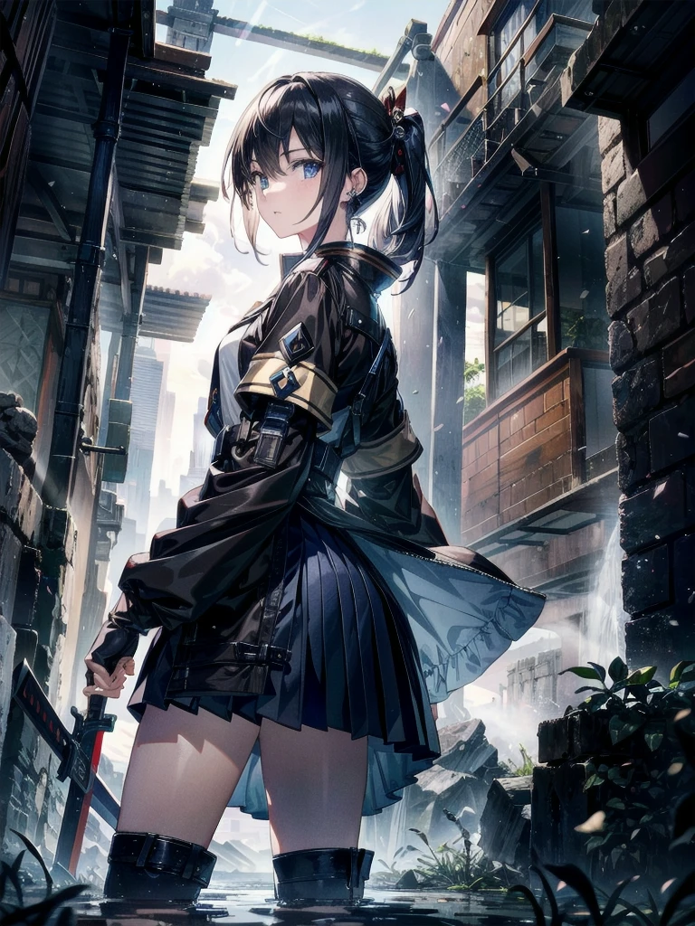 whole body, long blue great sword, Ruins, tech boots, black jacket, samurai, school_uniform, absurdres, RAW photo, extremely delicate and beautiful, masterpiece, Best Quality, ultra high resolution, 32k, hyperrealistic, ultra-detailed description, pale skin, 20 years old, detailed beautiful face and eyes, tearful mole, earring, Colossal tits, short medium wavy hair,